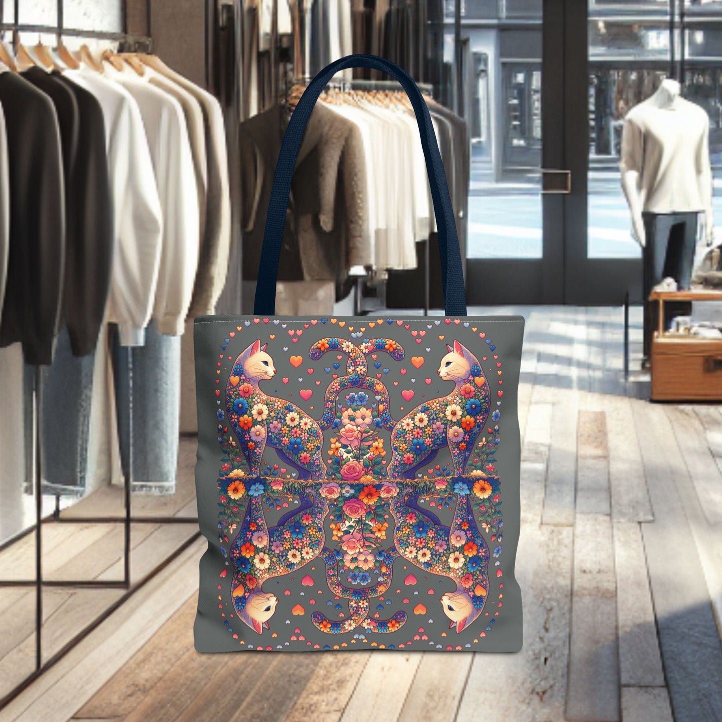 Mosaic Loving Cat Dark Gray Tote Bag (AOP)