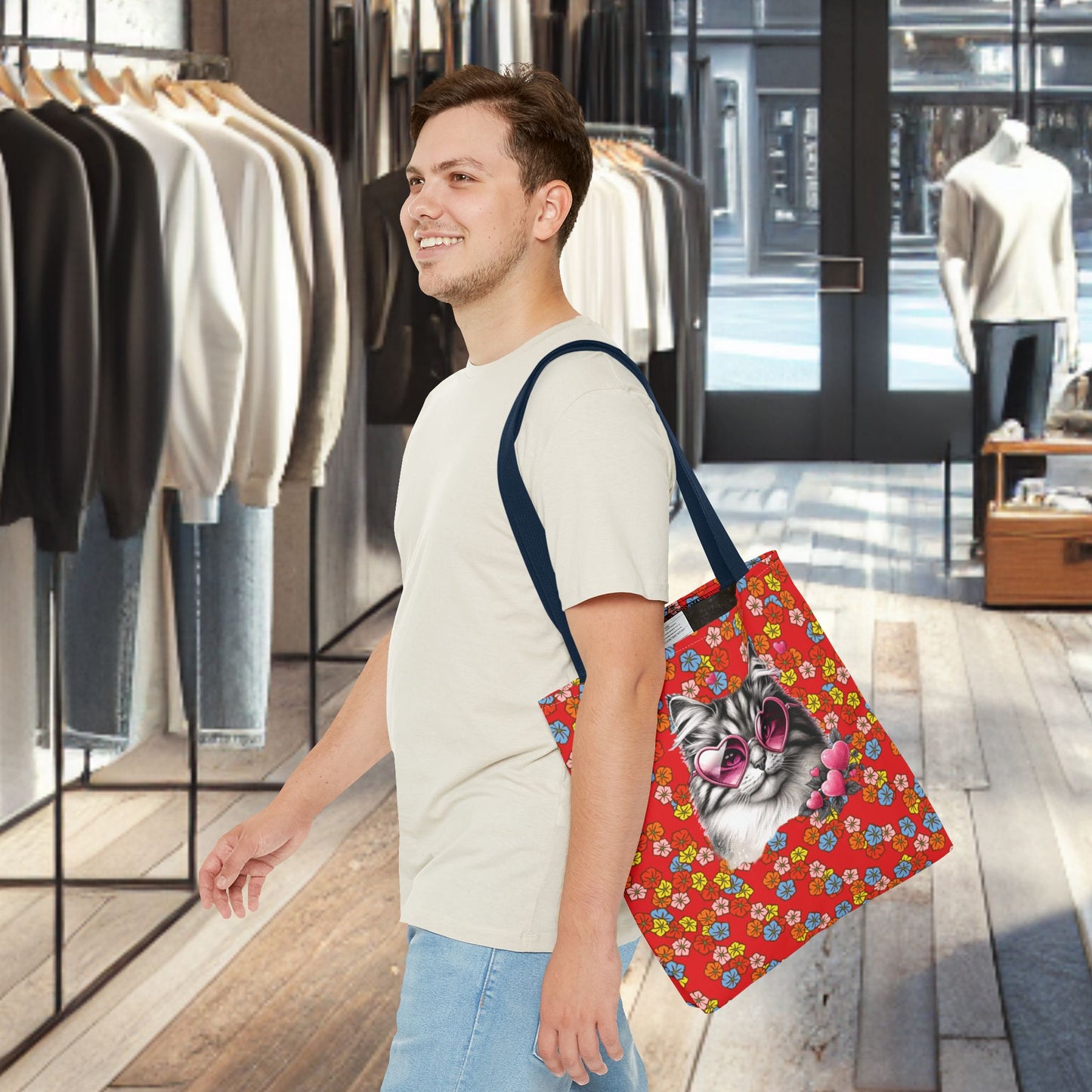 Kitty Ride Tote Bag with Flowered Red Design