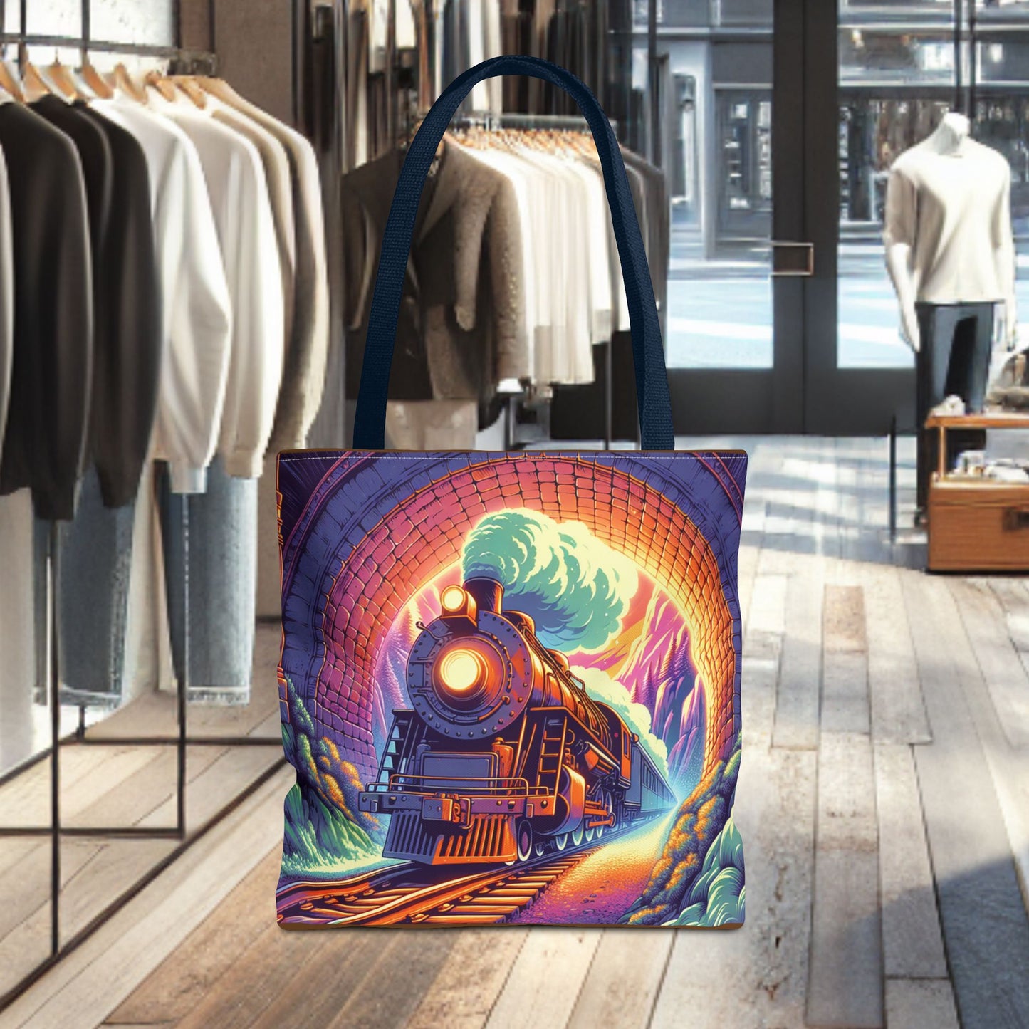 Steam Locomotive Tote Bag (AOP)- Vintage Train Tunnel Design