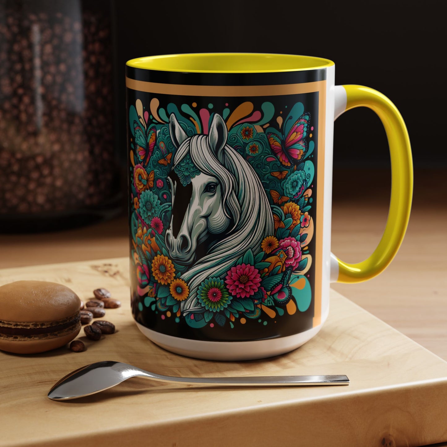 Coffee Mug White Horses with Blue Highlights in Flowers - Mug