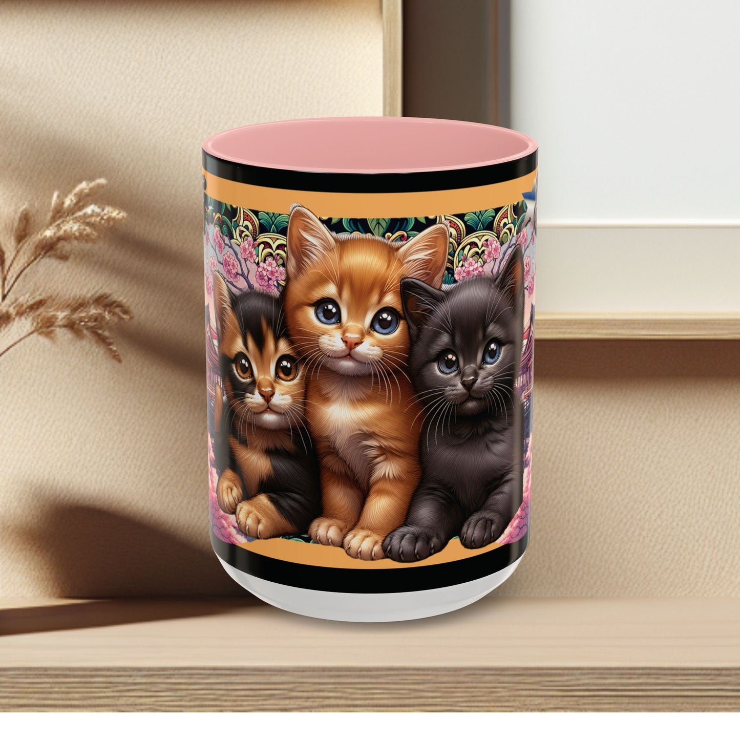 Mug - 3 B F F kittens and Butterflies Coffee Mug with Cherry Blossoms