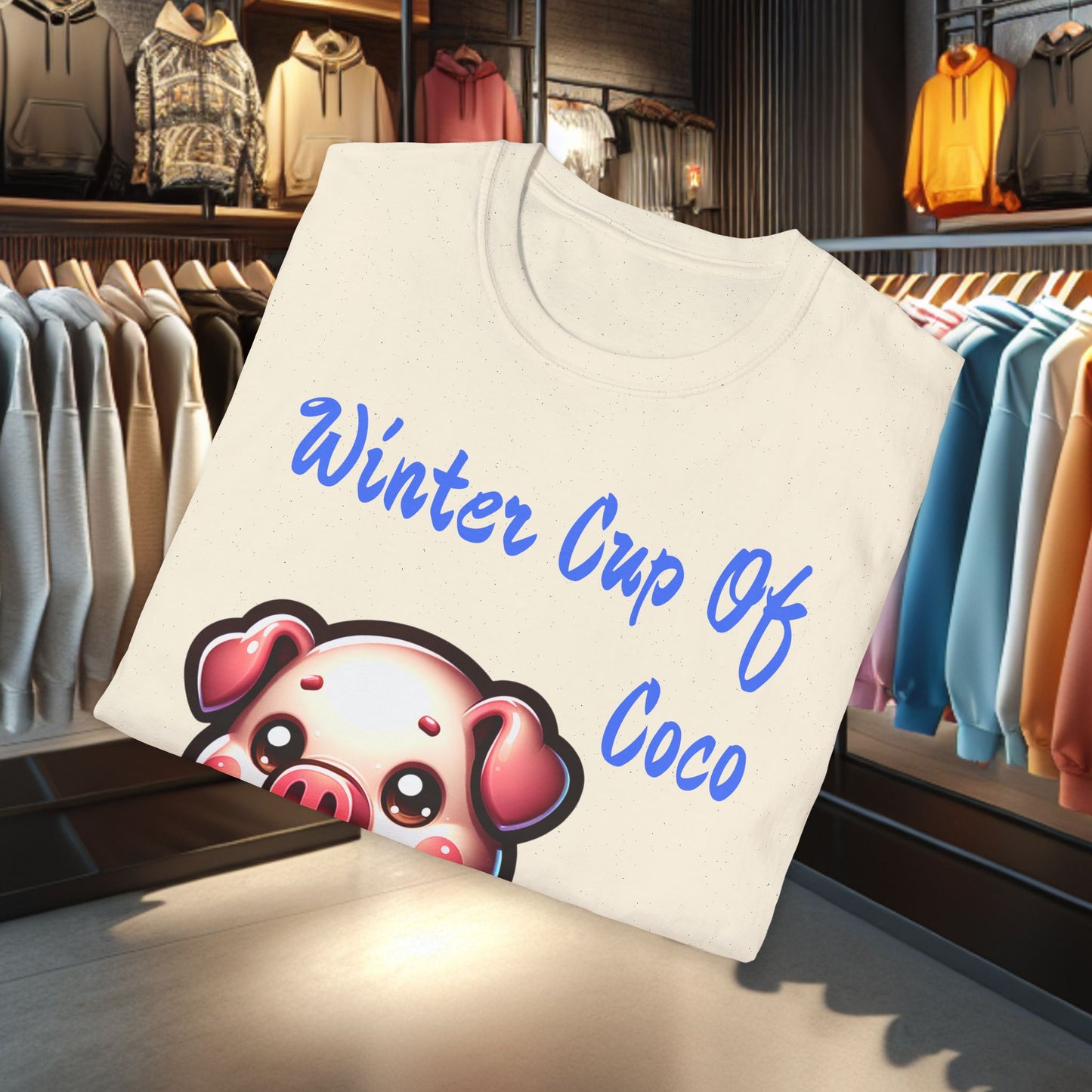 Pig Sipping on a Cup Of Coco Unisex T-Shirt - Winter Coco