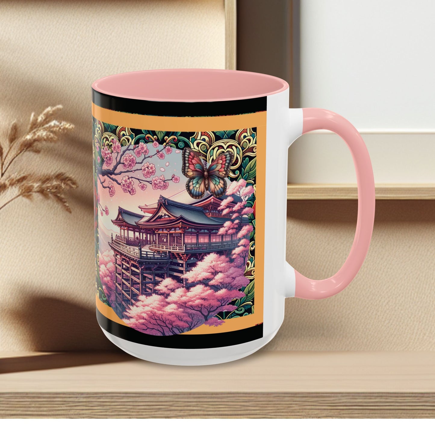 Mug - Sakura Butterfly Coffee Mug with Cherry Blossoms and a Rose