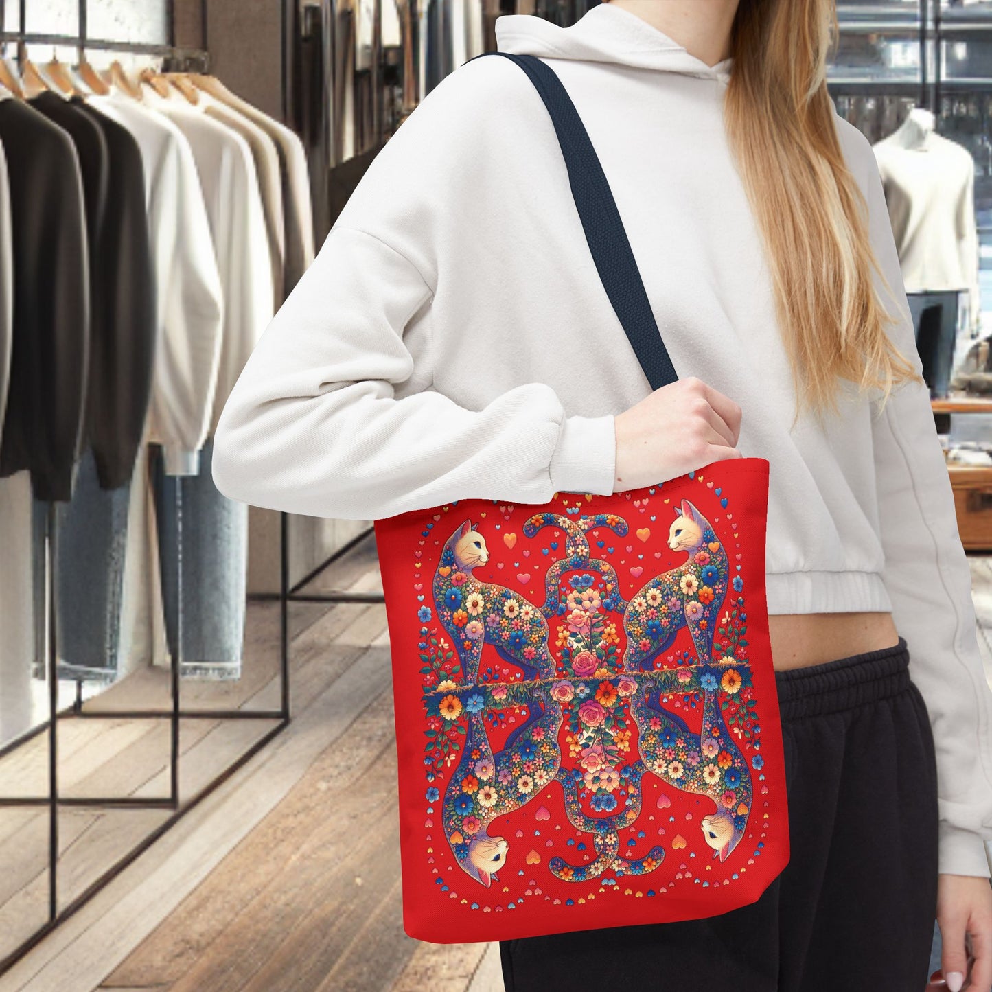 Loving Cat Flower Mozaic Tote Bag Dark Red
