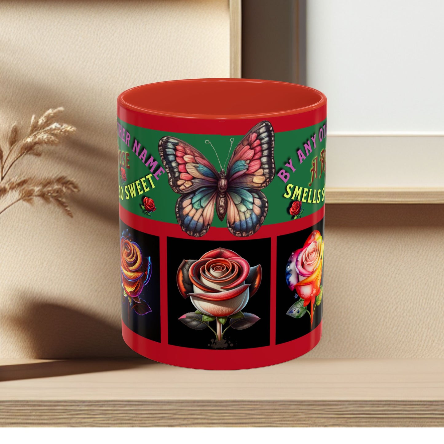Red Mug - Floral Butterfly Accent Coffee Mug - 'By Any Other Name A Rose Smells So Sweet'