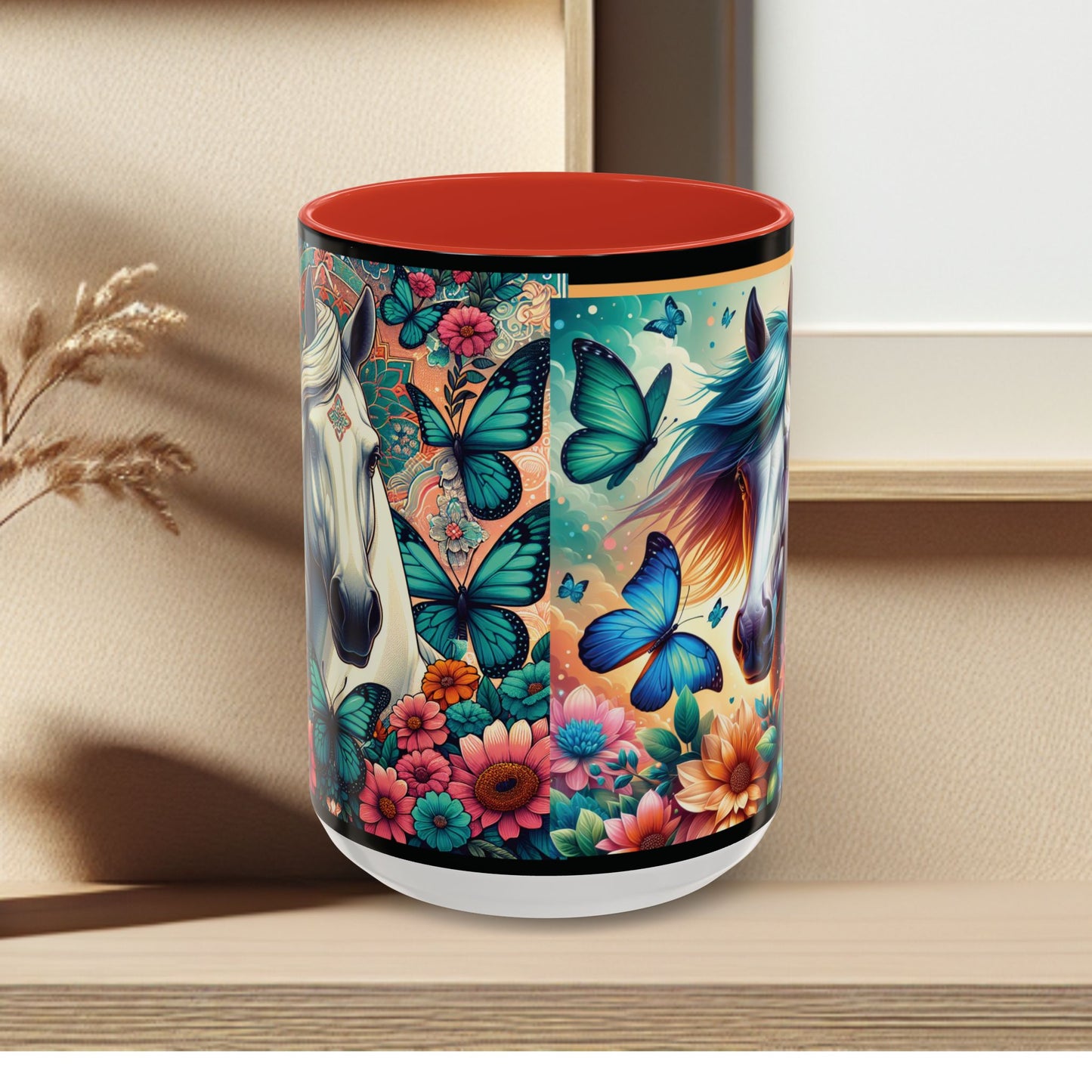 Coffee Mug Horses, Flowers, and Butterflies Mug