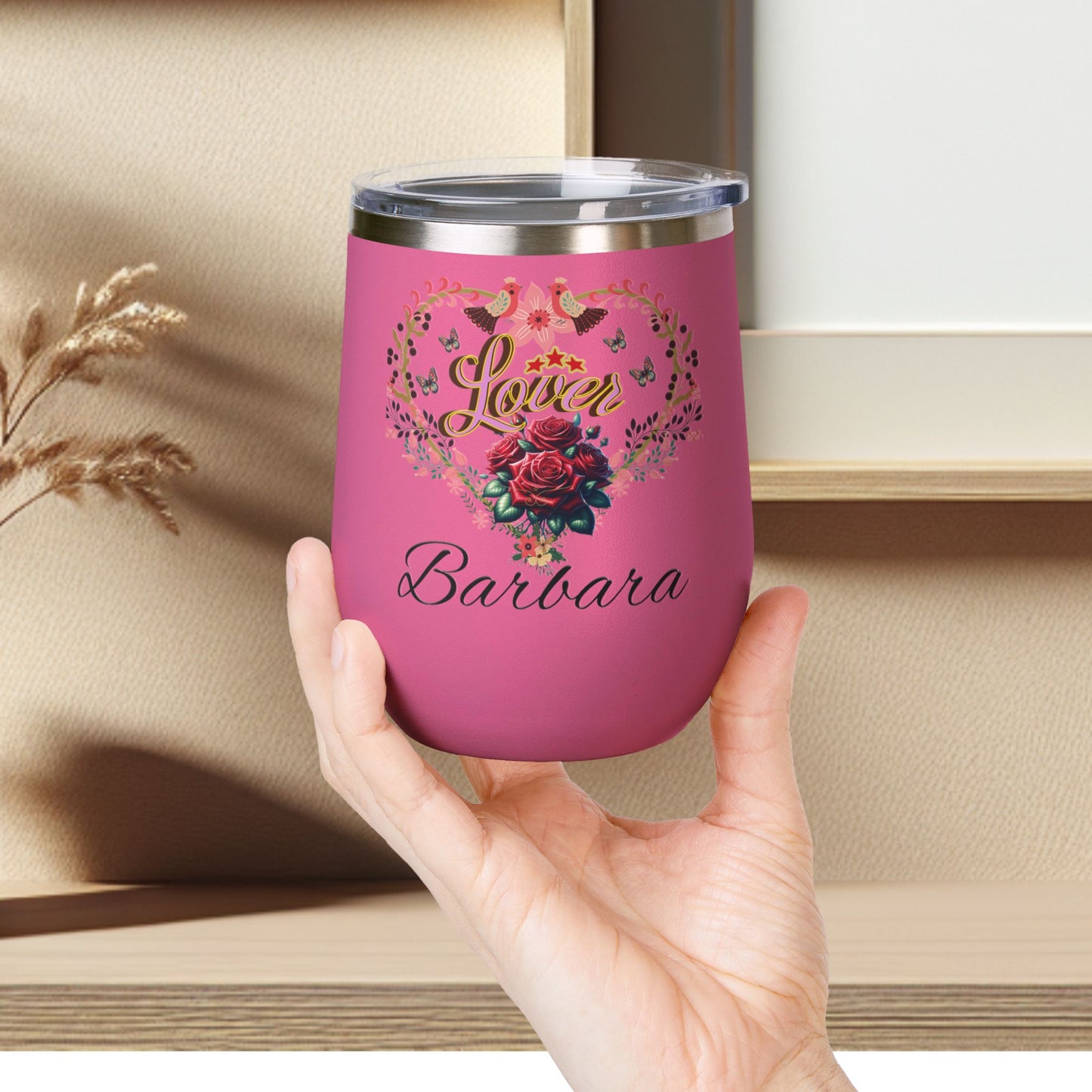 Personalized Lover's Floral Heart Wine Tumbler, 12oz