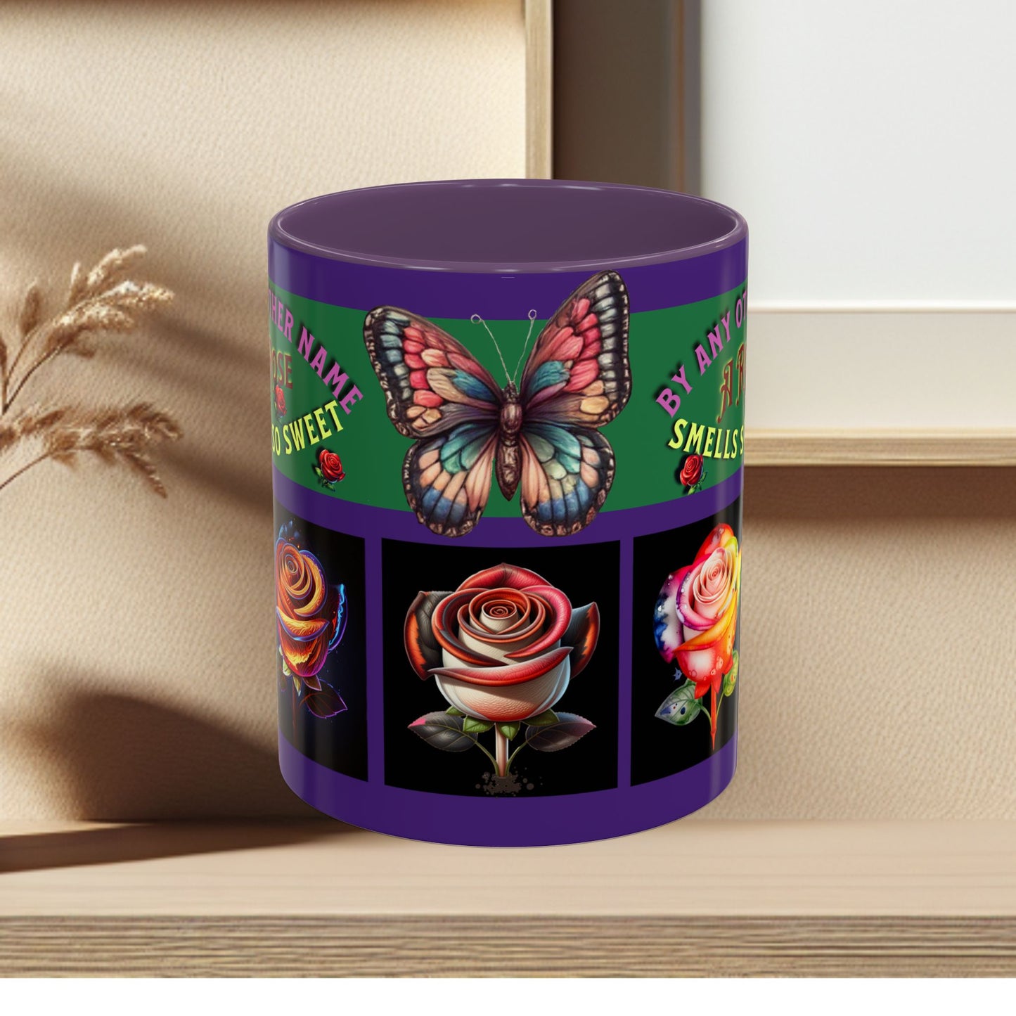 Purple Mug - Floral Butterfly Accent Coffee Mug - 'By Any Other Name A Rose Smells So Sweet'