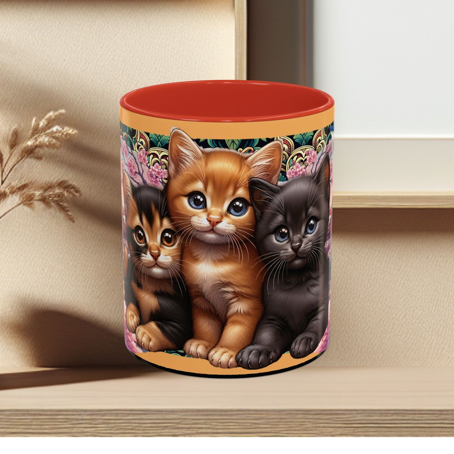 Mug - 3 B F F kittens and Butterflies Coffee Mug with Cherry Blossoms
