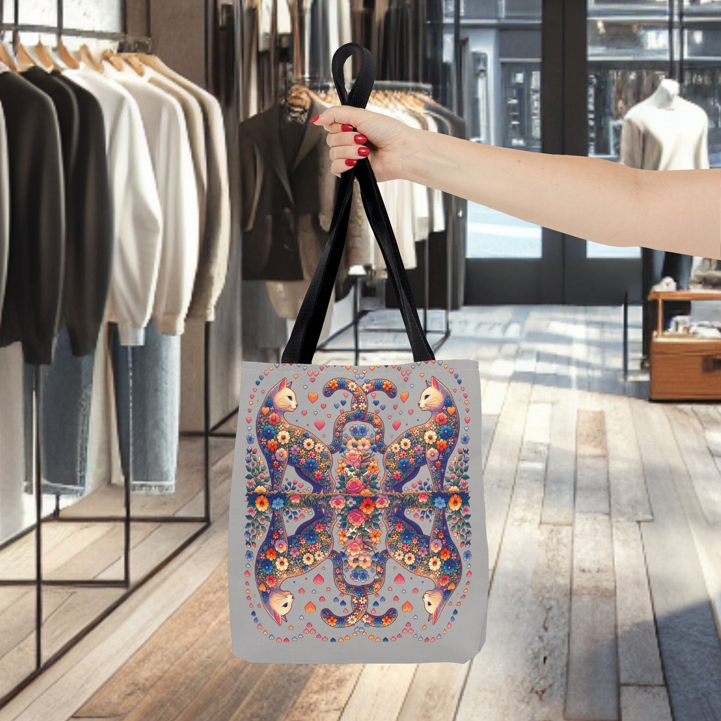 Mosaic Loving Cat Light Gray Tote Bag (AOP)