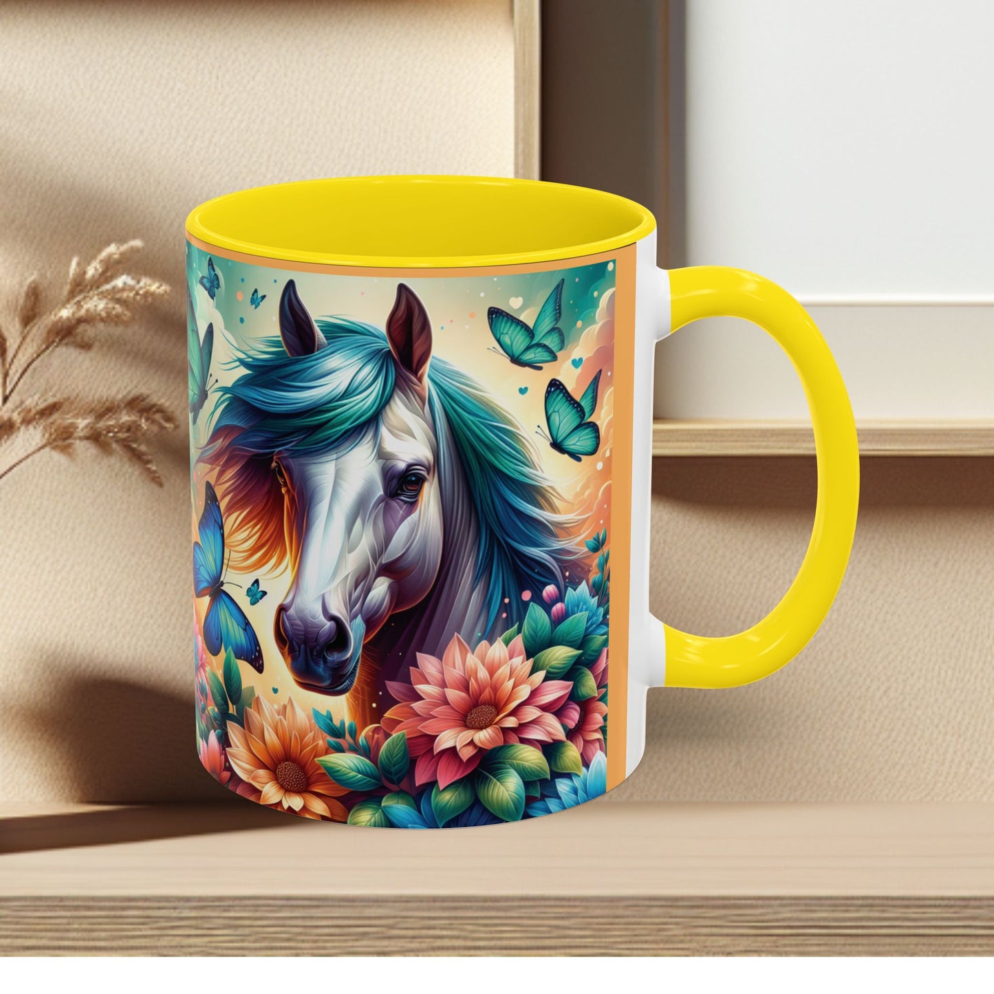 Coffee Mug Horses, Flowers, and Butterflies Mug