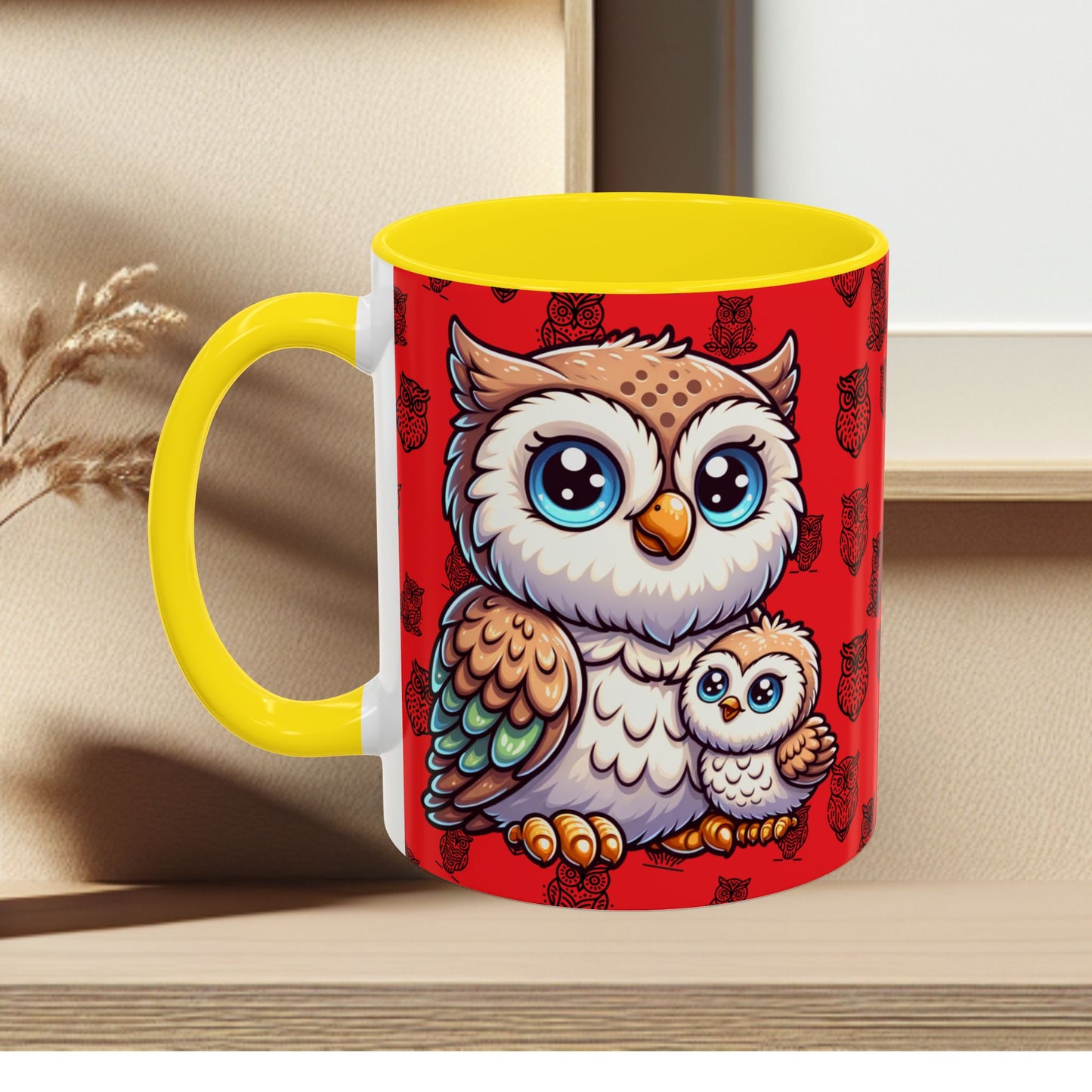 Red Coffee Mug - Owl Family - Colorful Inspirational Owl Design