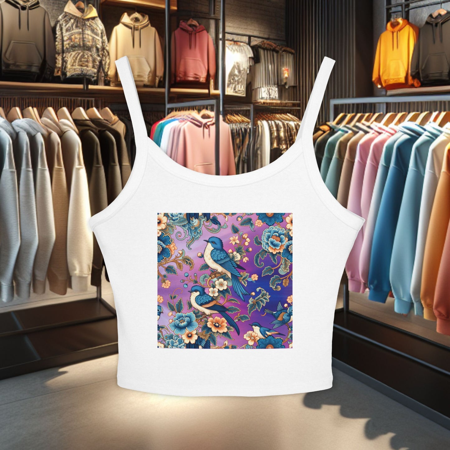 Tank Top Blue Birds in a Flower Garden Women's Spaghetti Strap