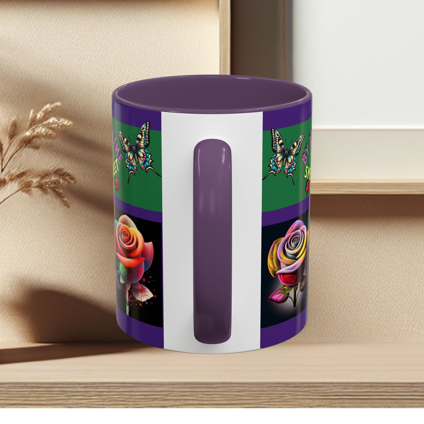 Purple Mug - Floral Butterfly Accent Coffee Mug - 'By Any Other Name A Rose Smells So Sweet'