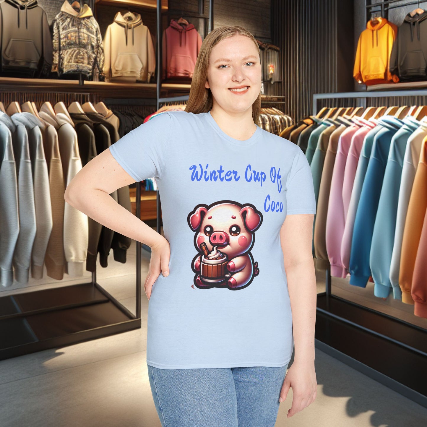 Pig Sipping on a Cup Of Coco Unisex T-Shirt - Winter Coco