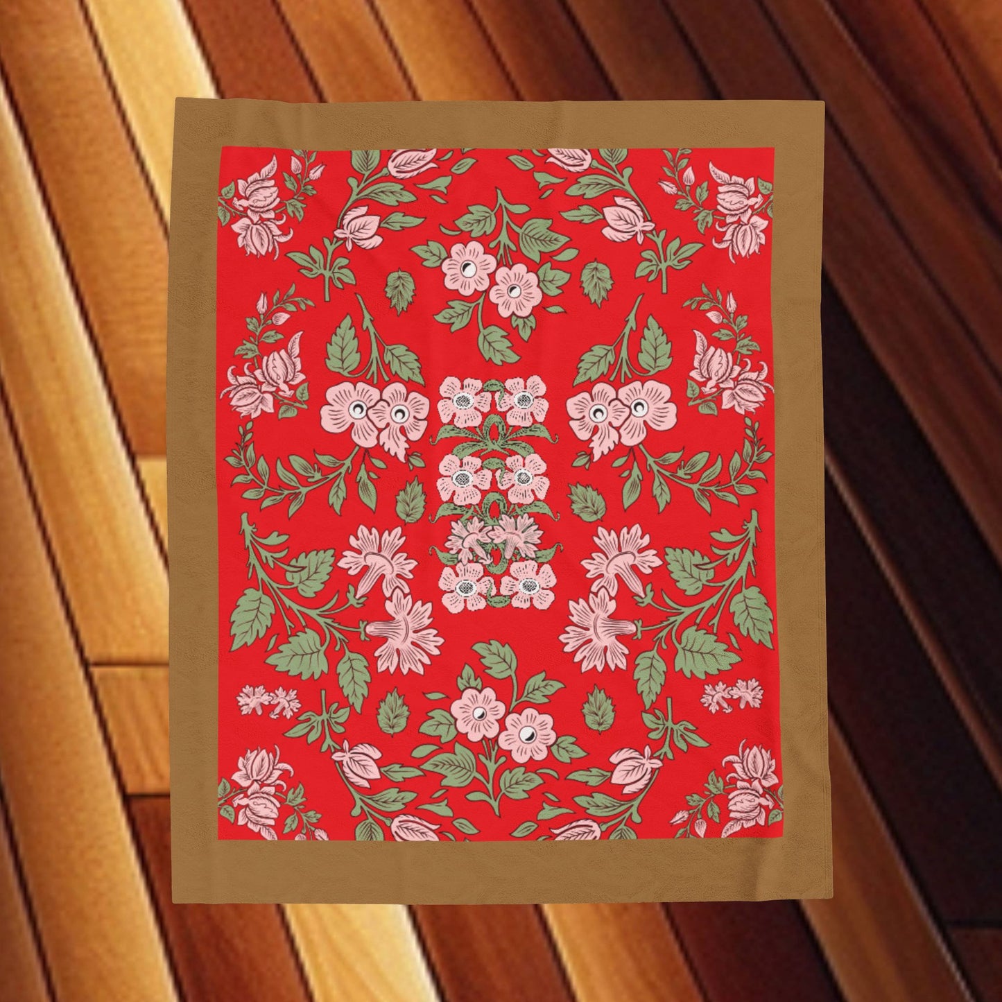 Floral Velveteen Plush Blanket - Pink Flowers Red Background