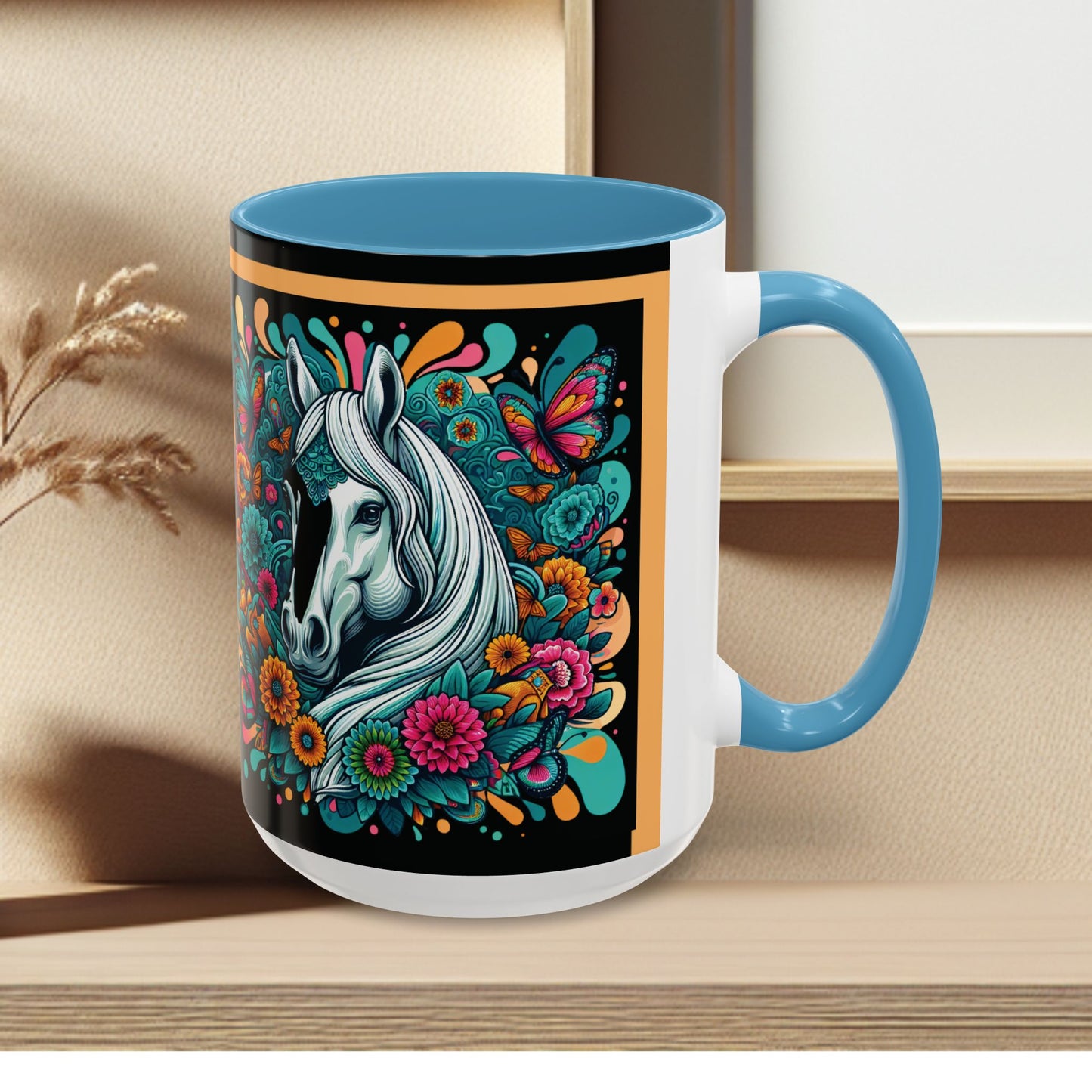Coffee Mug White Horses with Blue Highlights in Flowers - Mug
