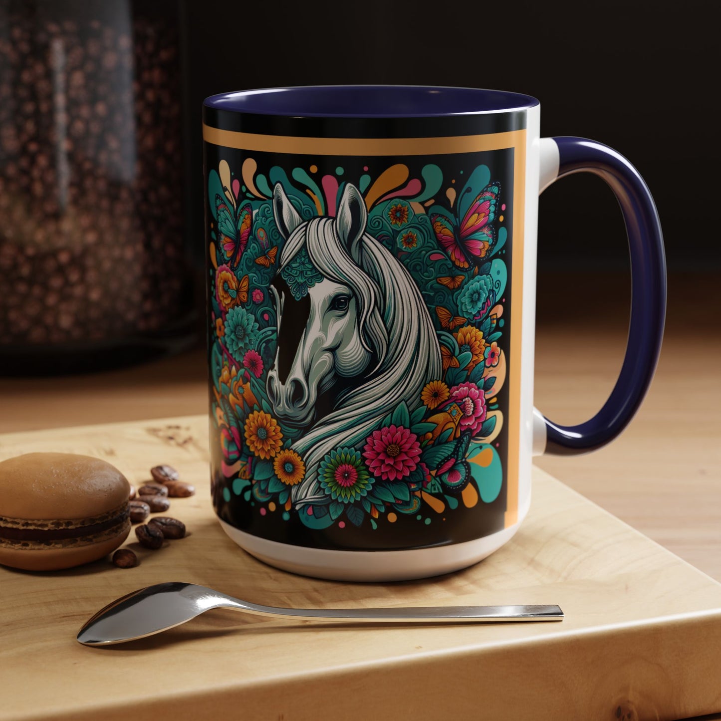 Coffee Mug White Horses with Blue Highlights in Flowers - Mug