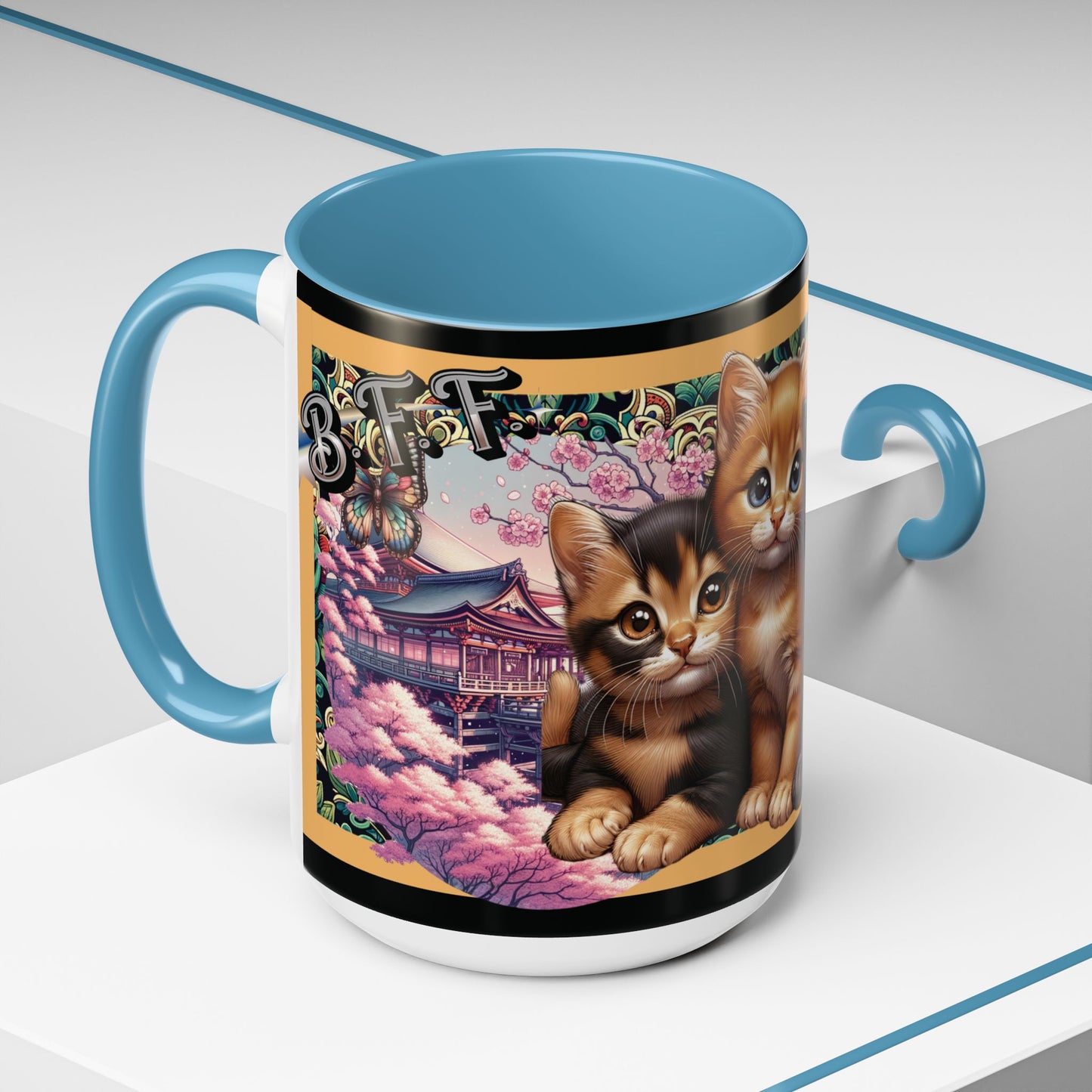 Mug - 3 B F F kittens and Butterflies Coffee Mug with Cherry Blossoms