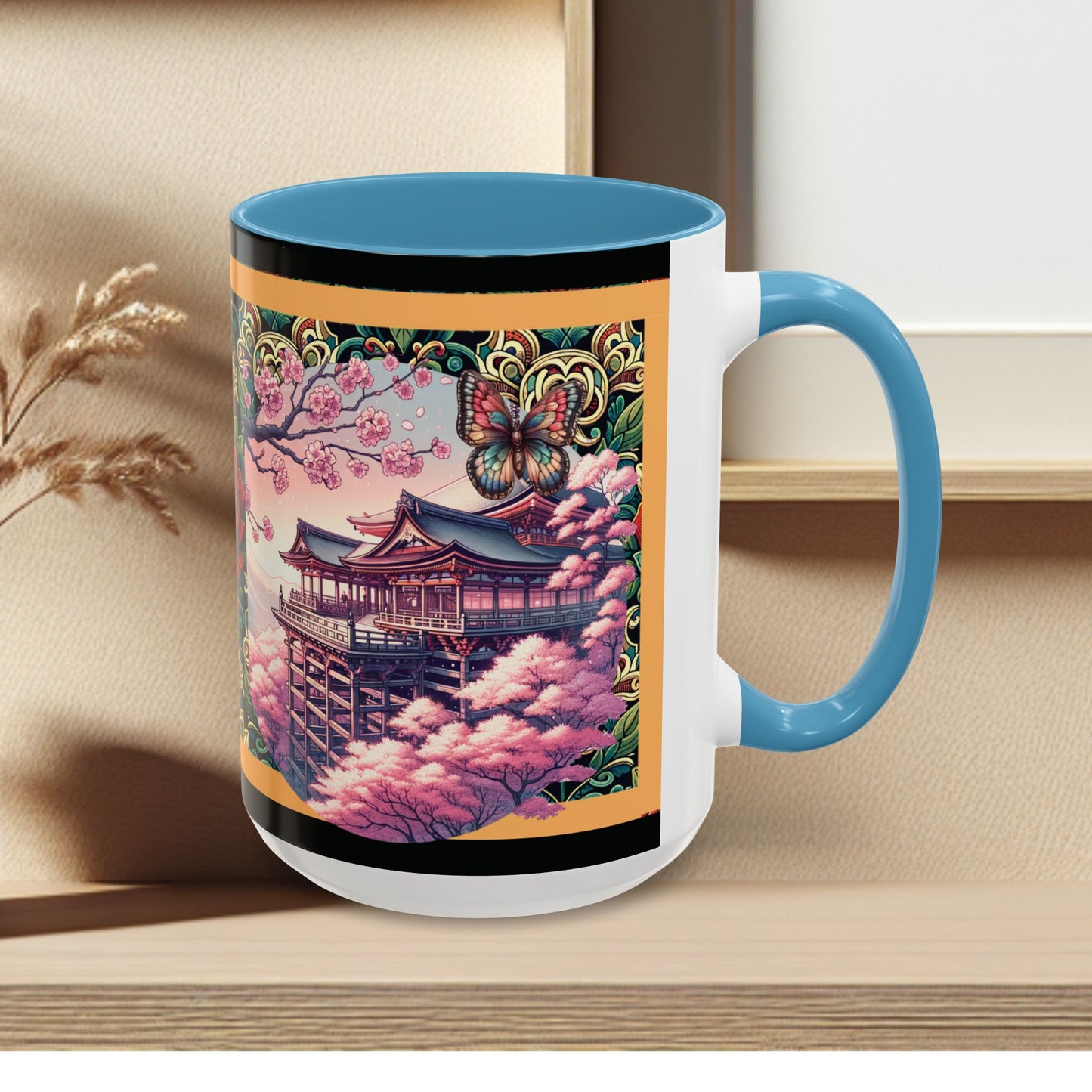 Mug - Sakura Butterfly Coffee Mug with Cherry Blossoms and a Rose