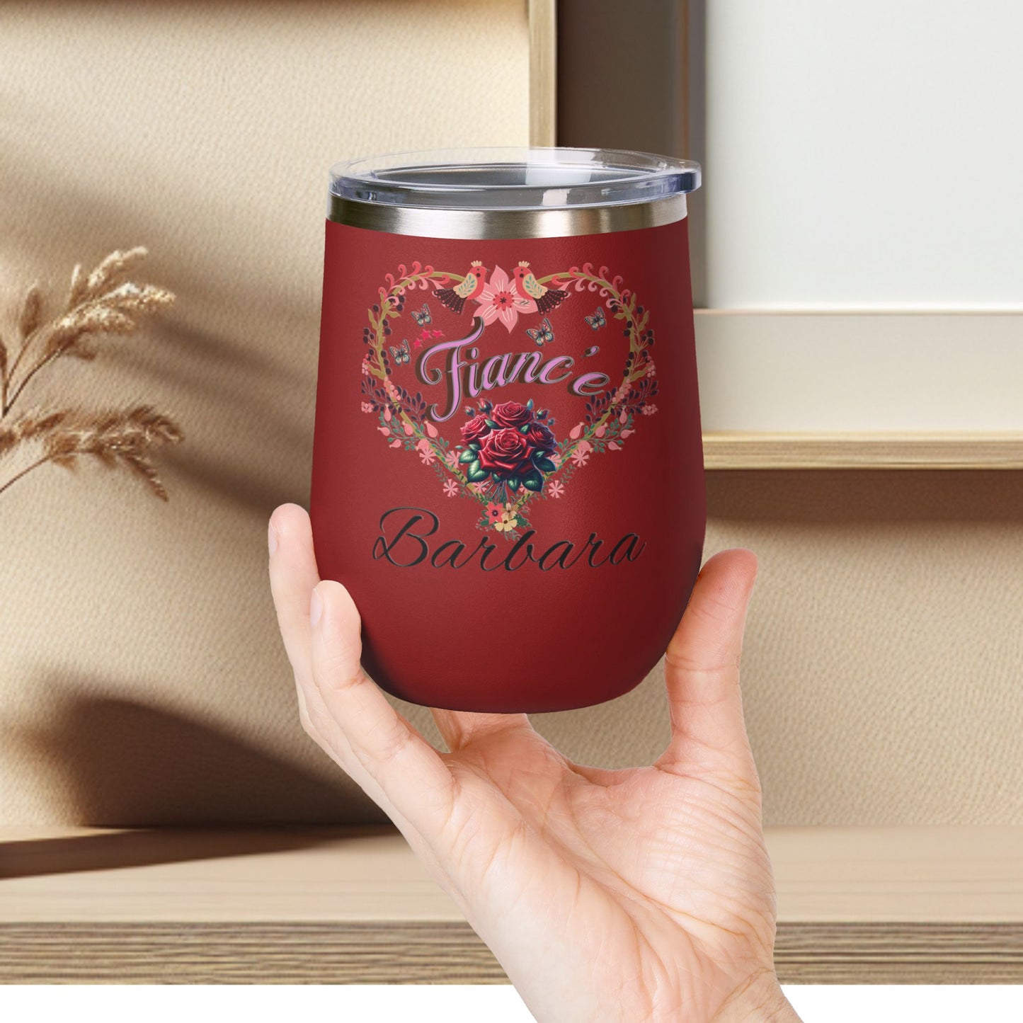 Personalized Fiancé’s Wine Tumbler - 12oz Floral Heart Design