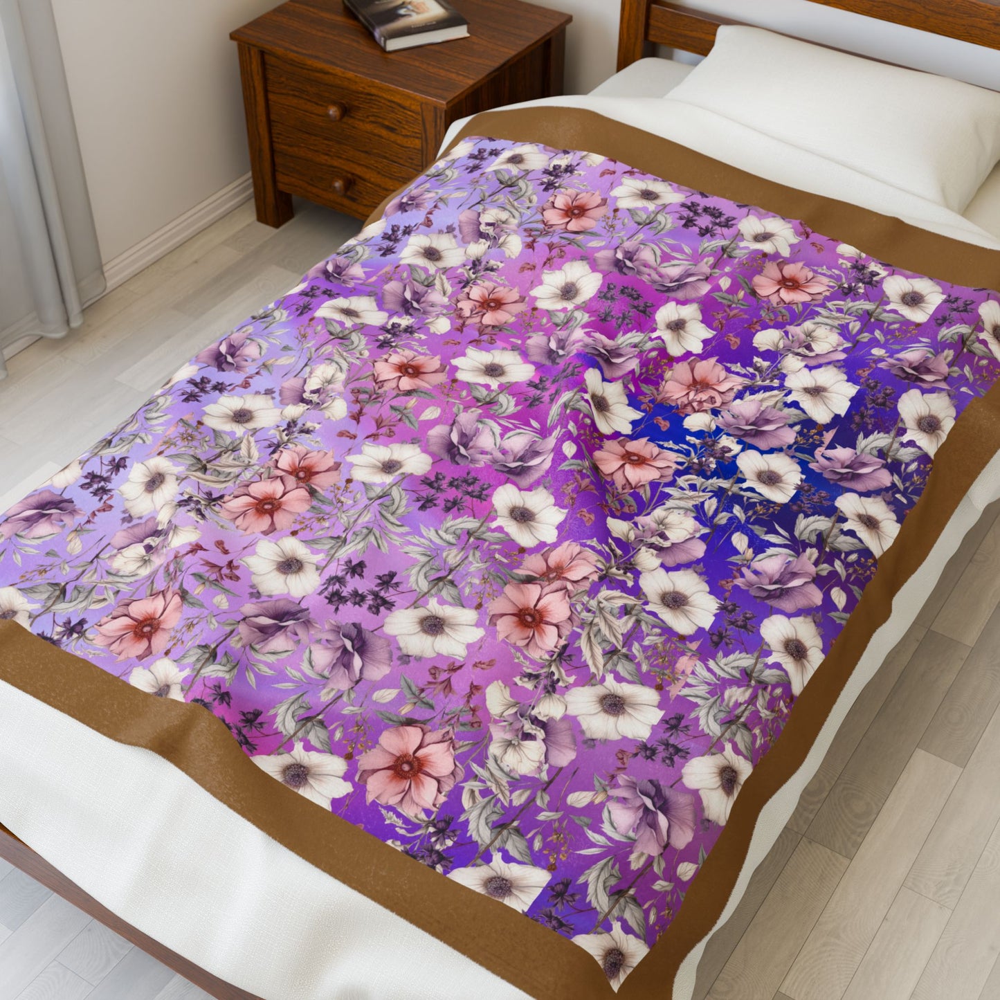Plush Blanket - Floral with Purple Background and Gold Border