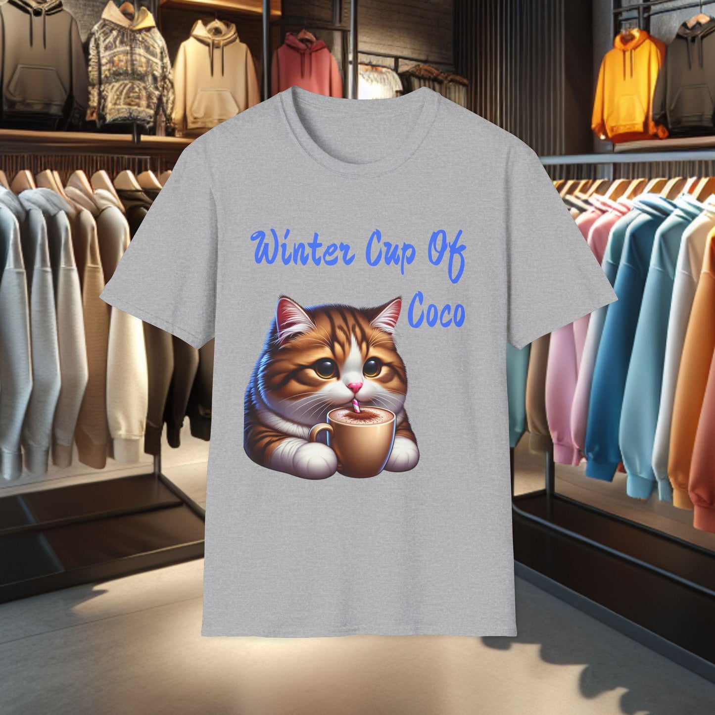 a Cat Sipping on a Cup Of Coco Unisex T-Shirt - Winter Coco