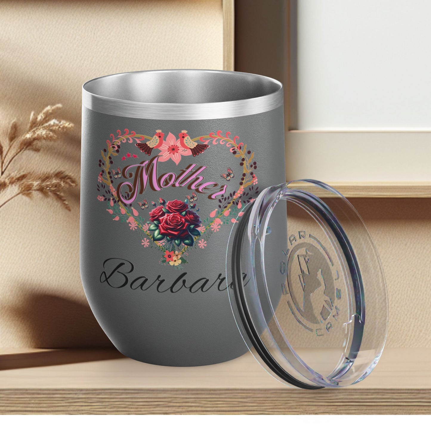 Personalized Mother’s Wine Tumbler - 12oz Floral Heart Design