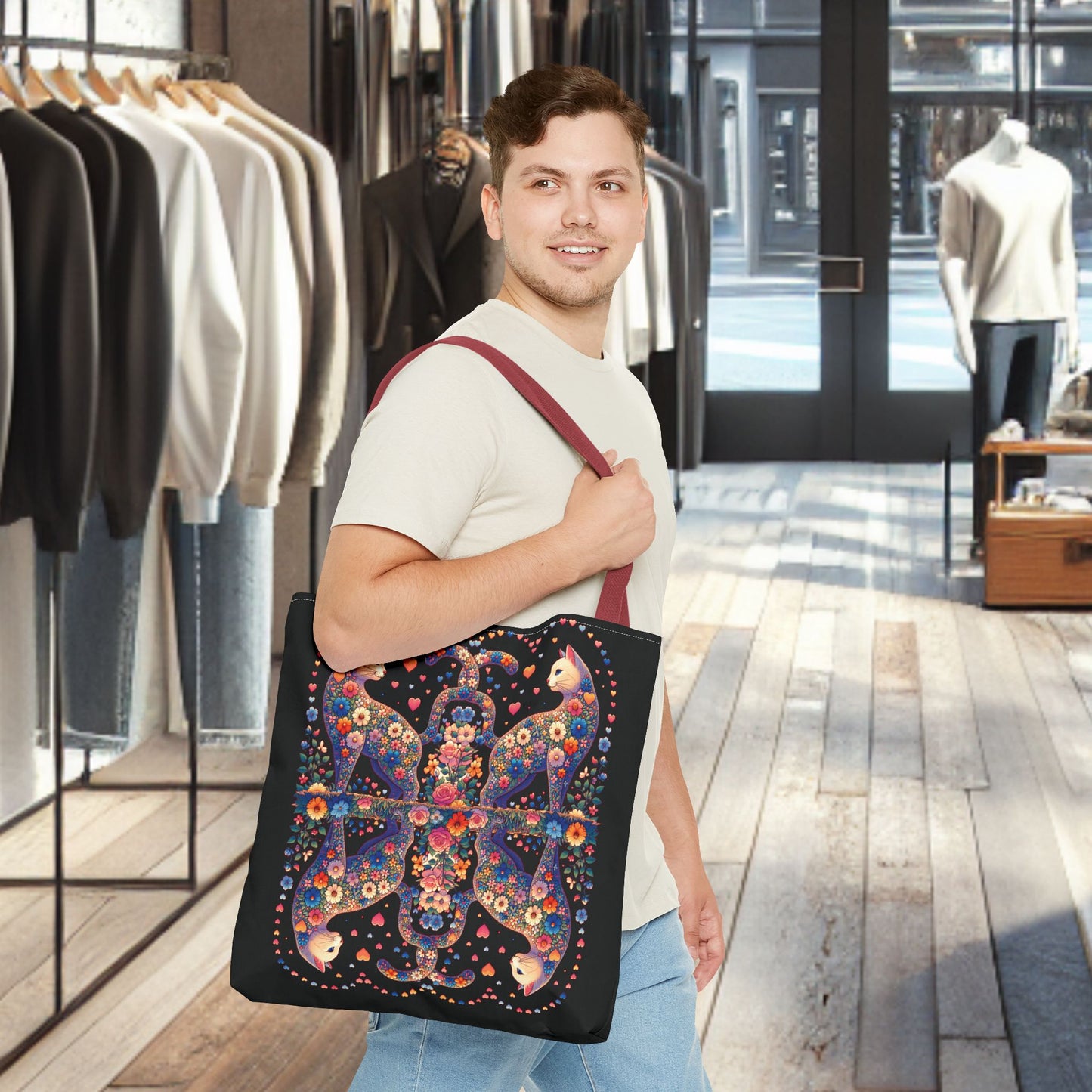 Mosaic Loving Cat Black Tote Bag (AOP)