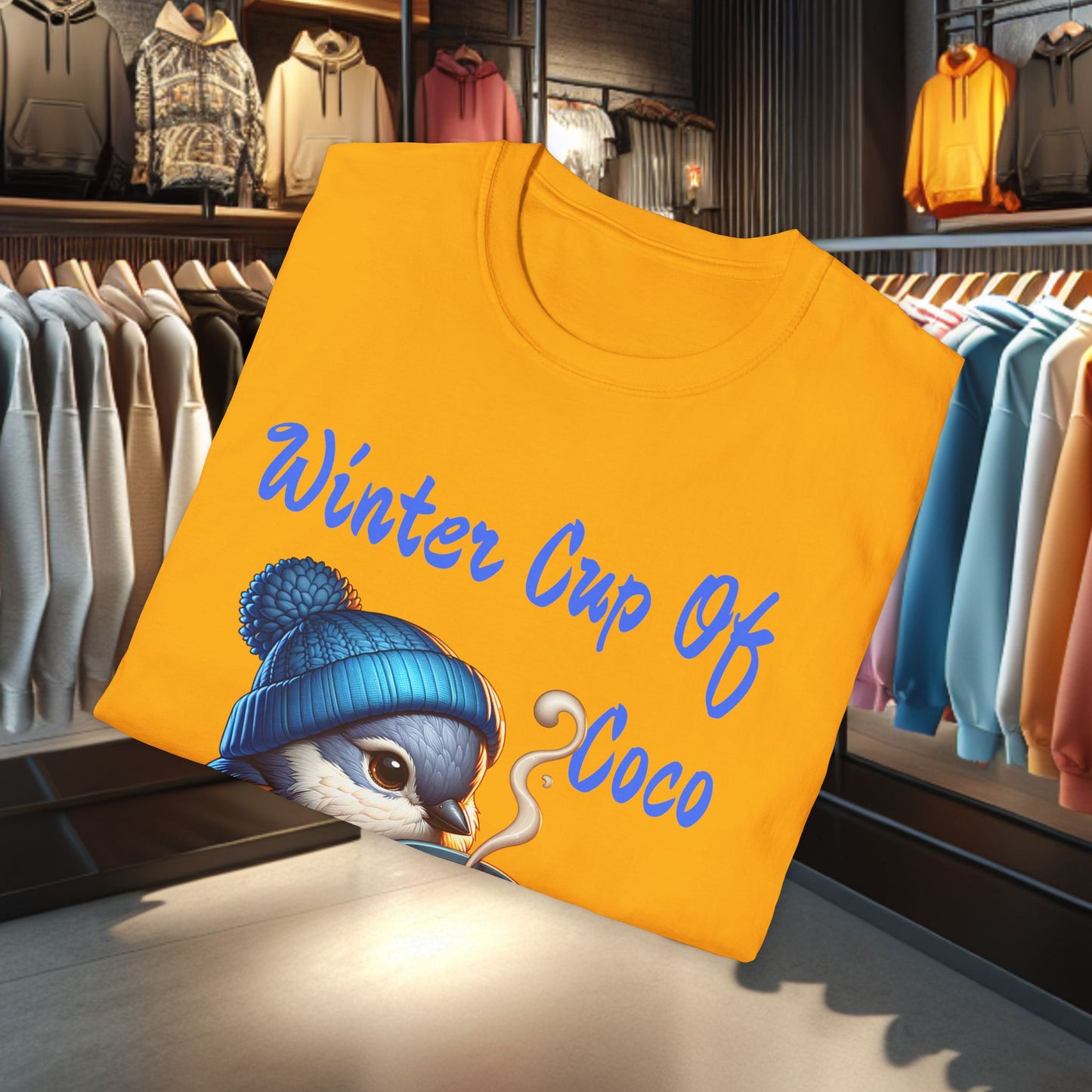 Blue Bird With a Cup Of Coco Unisex T-Shirt - Winter Coco