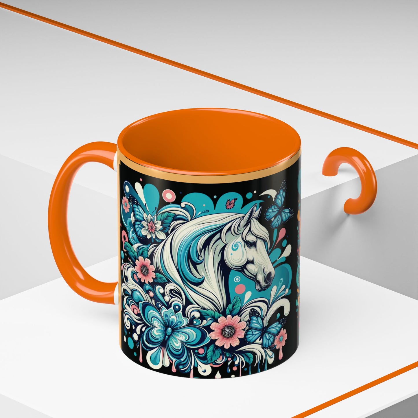 Coffee Mug White Horses with Blue Highlights in Flowers - Mug