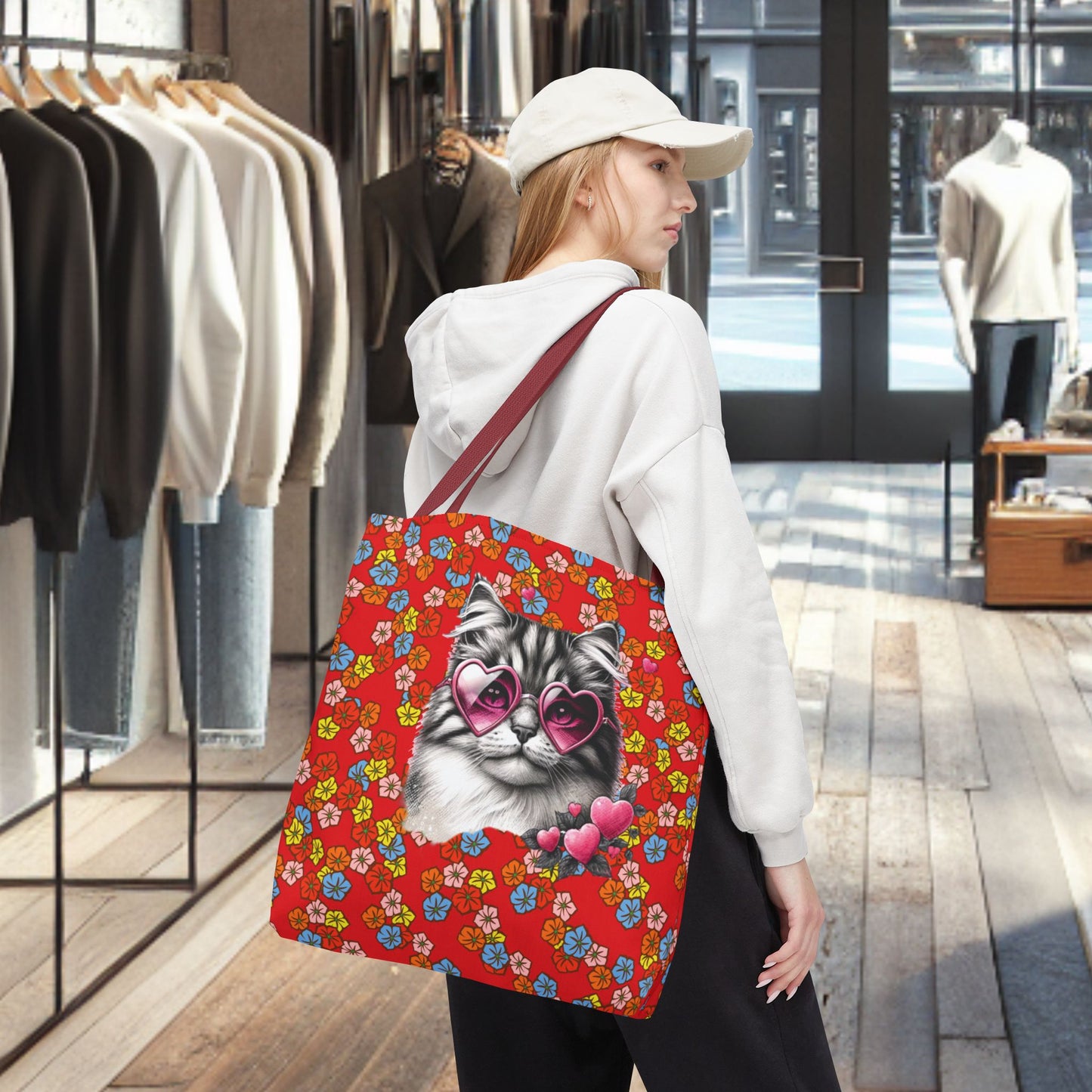 Kitty Ride Tote Bag with Flowered Red Design