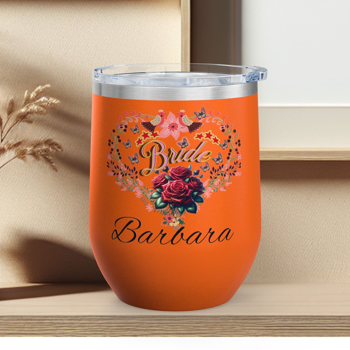 Personalized Bride's Heart Floral Wine 12oz Tumbler