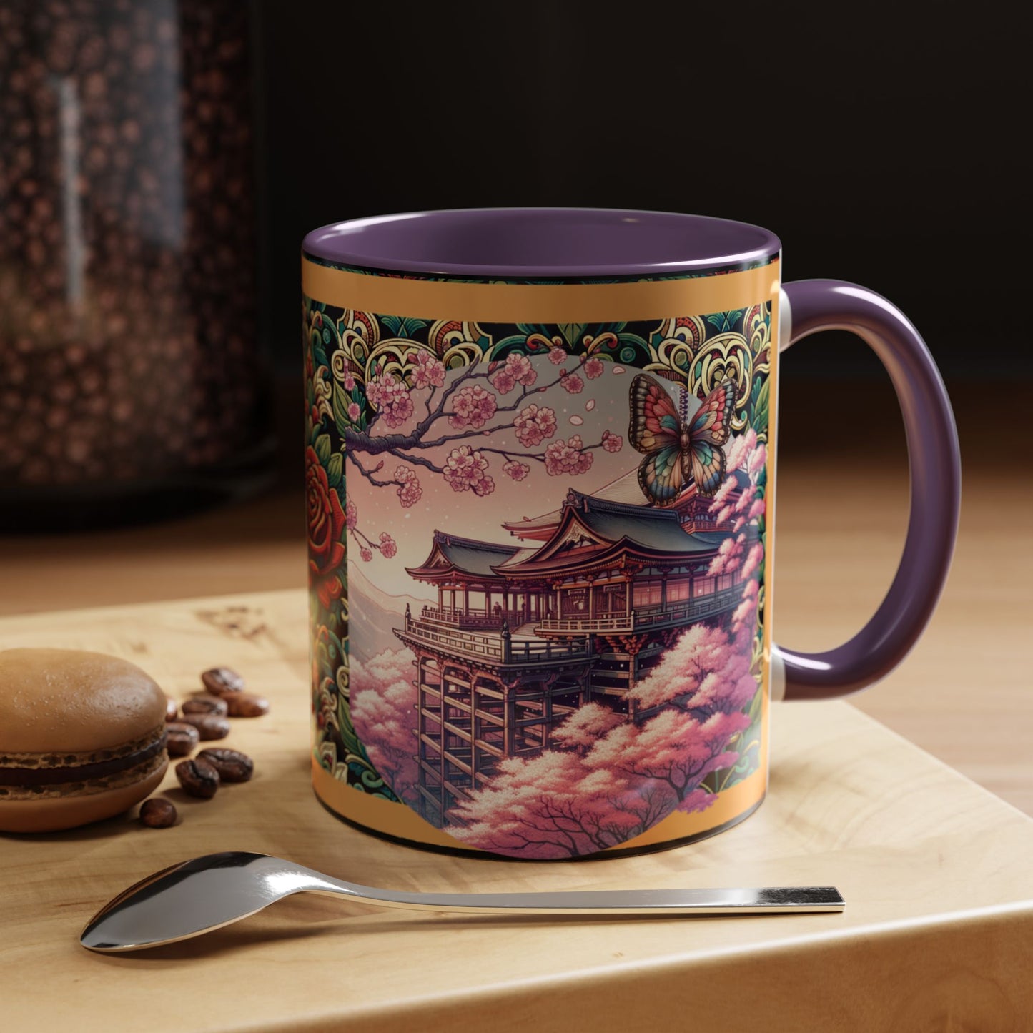 Mug - Sakura Butterfly Coffee Mug with Cherry Blossoms and a Rose