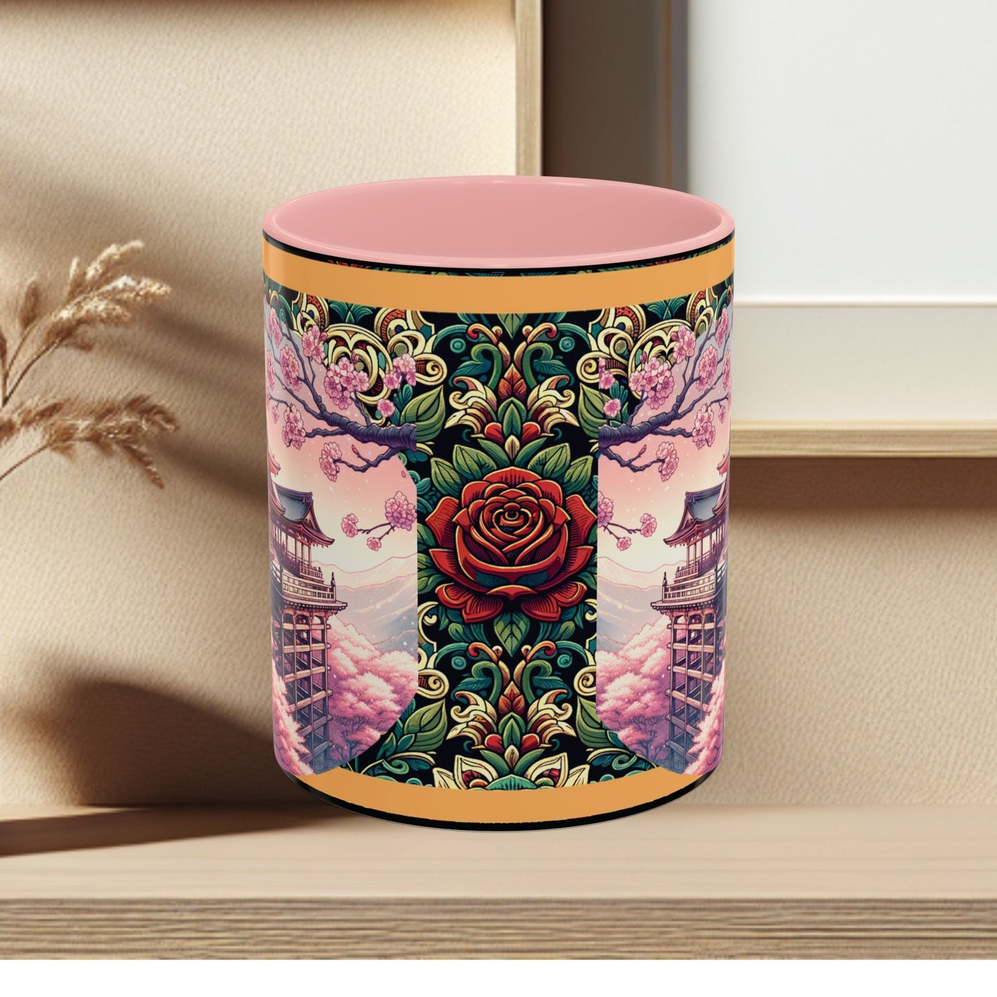 Mug - Sakura Butterfly Coffee Mug with Cherry Blossoms and a Rose