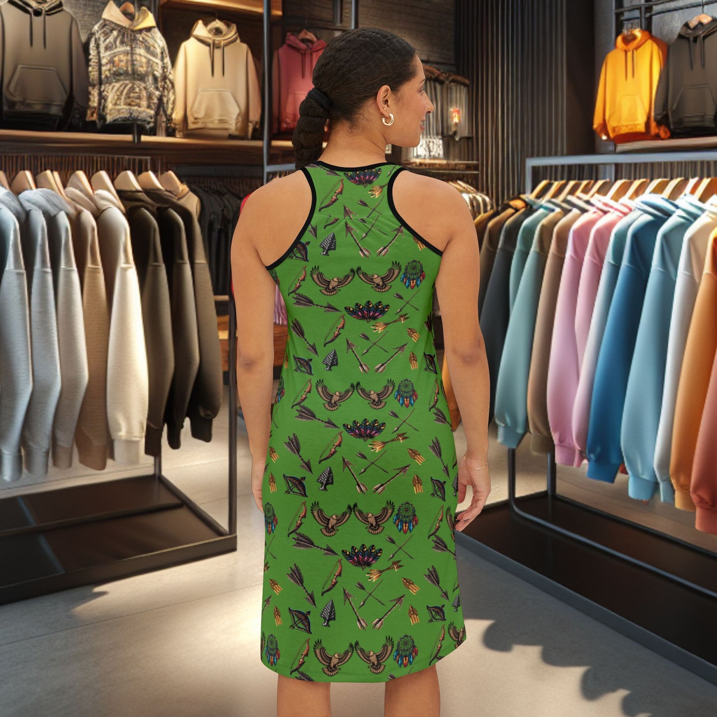 Native Hunting Print Racerback Dress Green