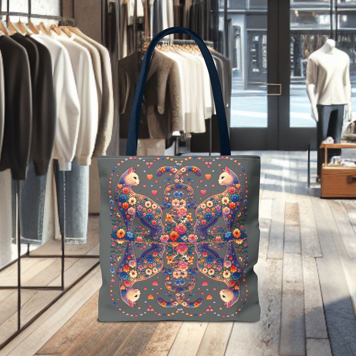 Mosaic Loving Cat Dark Gray Tote Bag (AOP)