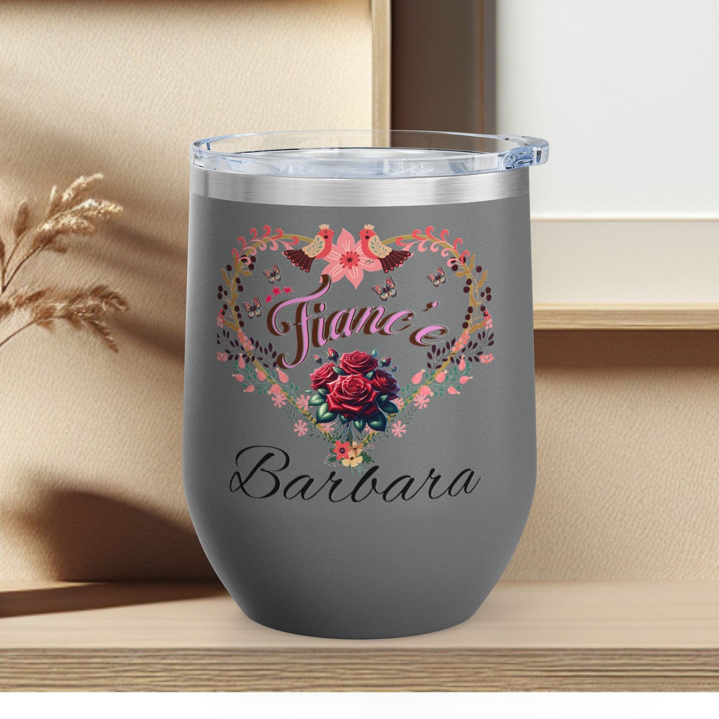 Personalized Fiancé’s Wine Tumbler - 12oz Floral Heart Design