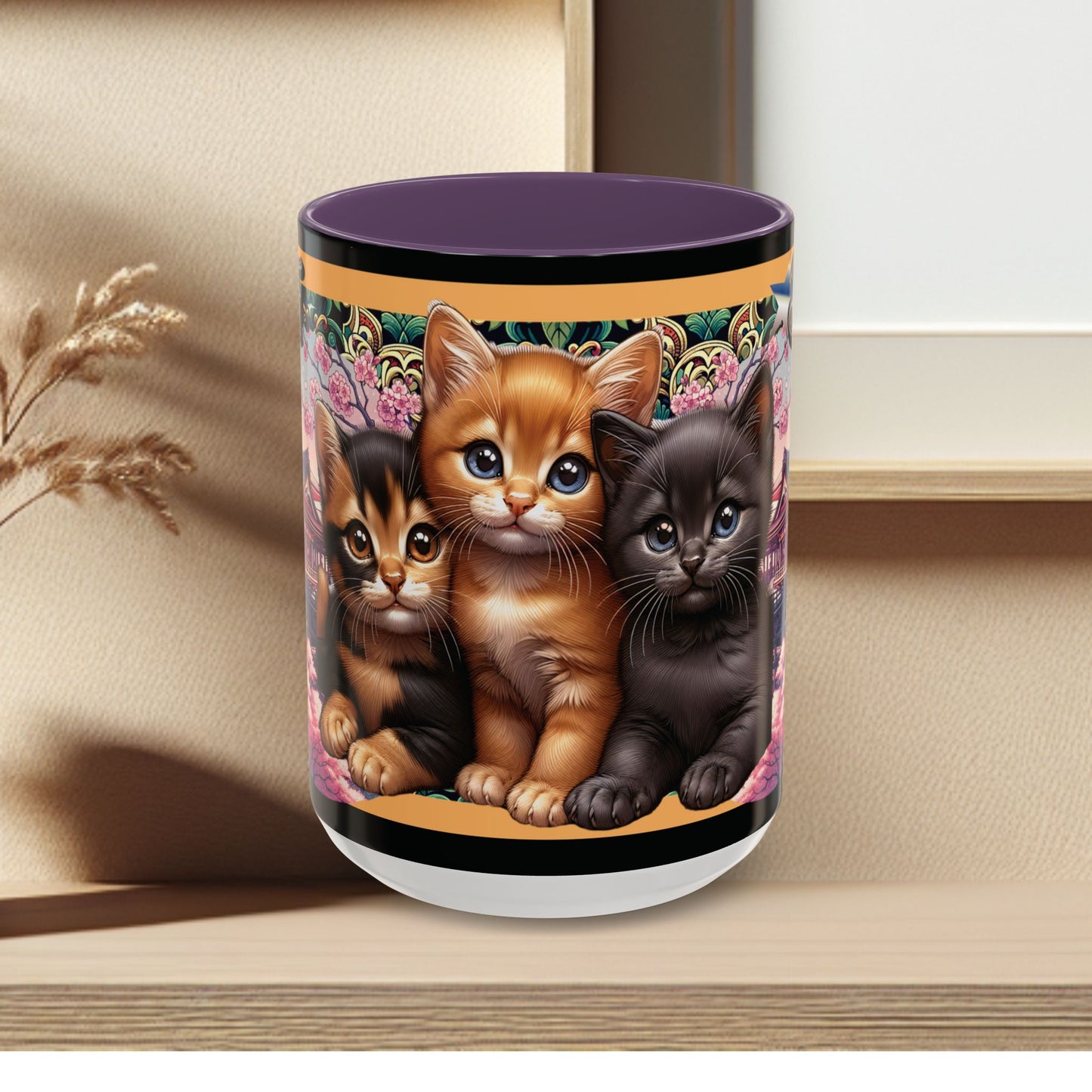 Mug - 3 B F F kittens and Butterflies Coffee Mug with Cherry Blossoms
