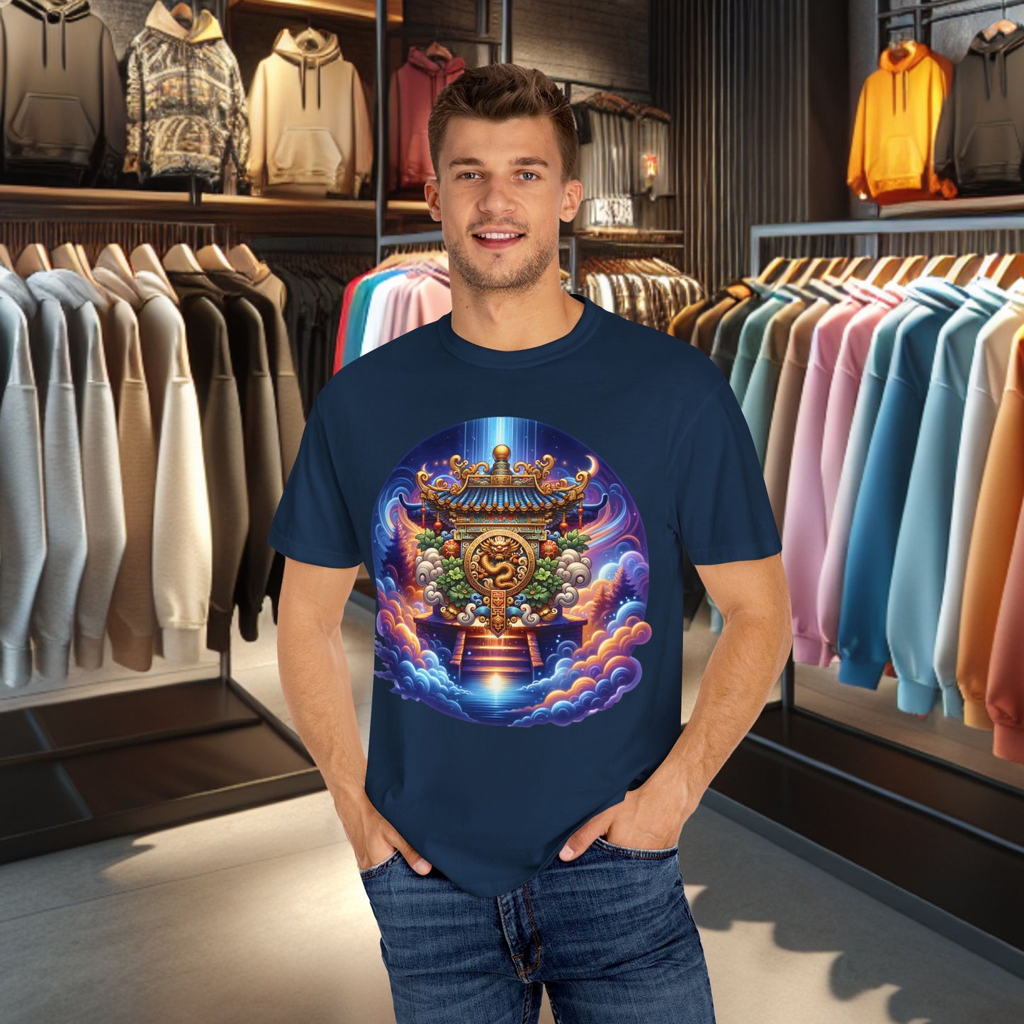 A Vibrant Mistic Temple Design -Unisex Garment-Dyed T-Shirt Perfect for Festivals & Everyday Wear