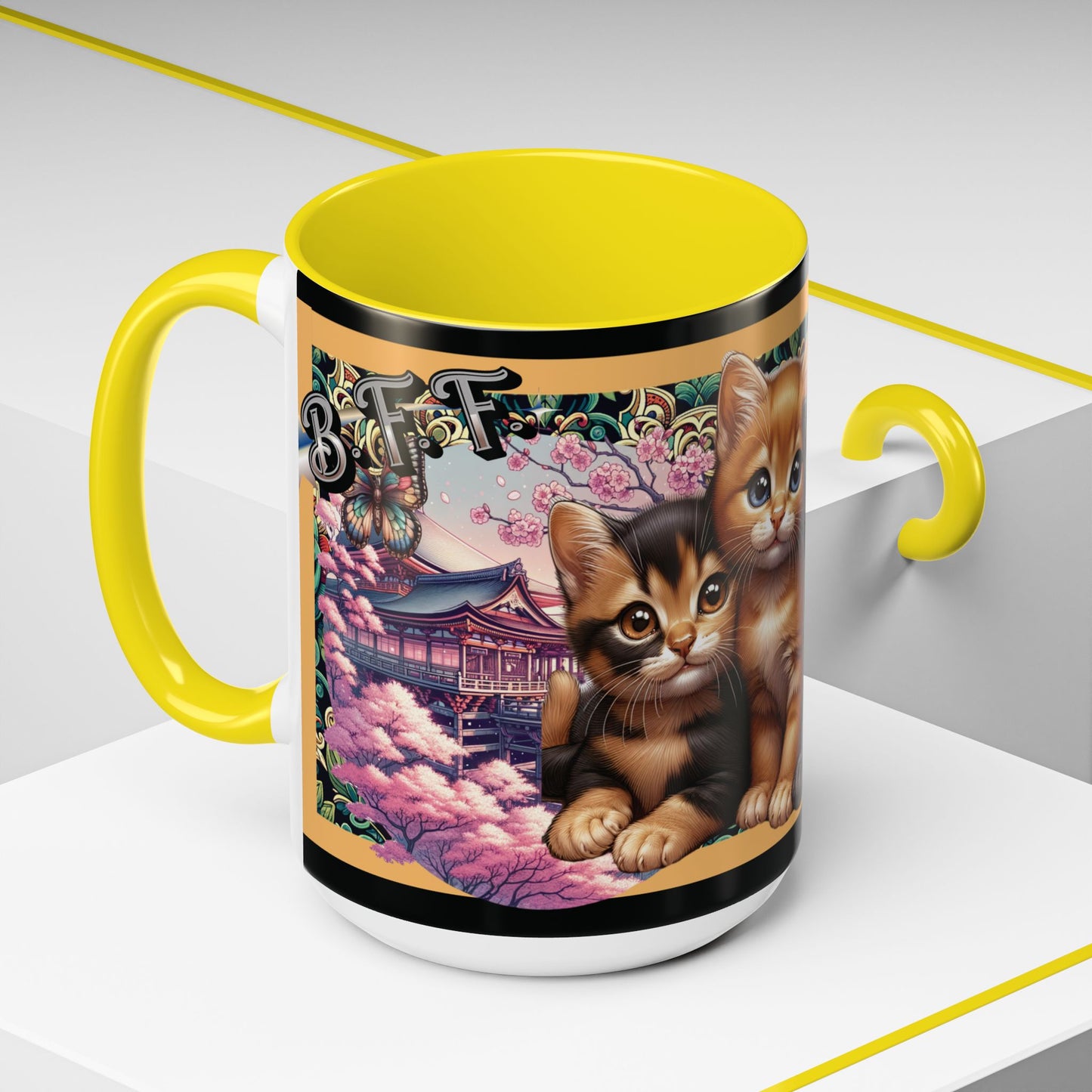 Mug - 3 B F F kittens and Butterflies Coffee Mug with Cherry Blossoms