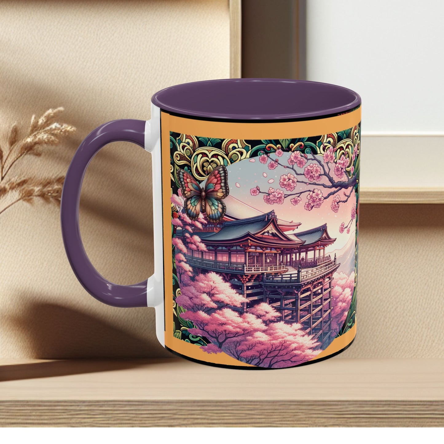 Mug - Sakura Butterfly Coffee Mug with Cherry Blossoms and a Rose
