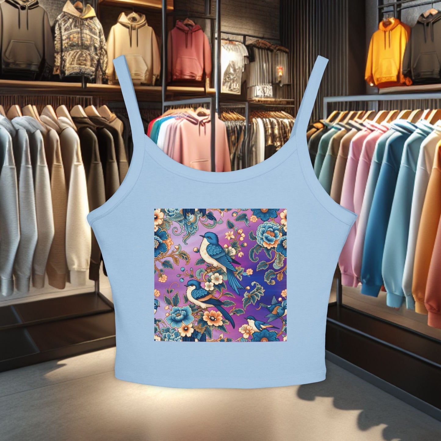 Tank Top Blue Birds in a Flower Garden Women's Spaghetti Strap