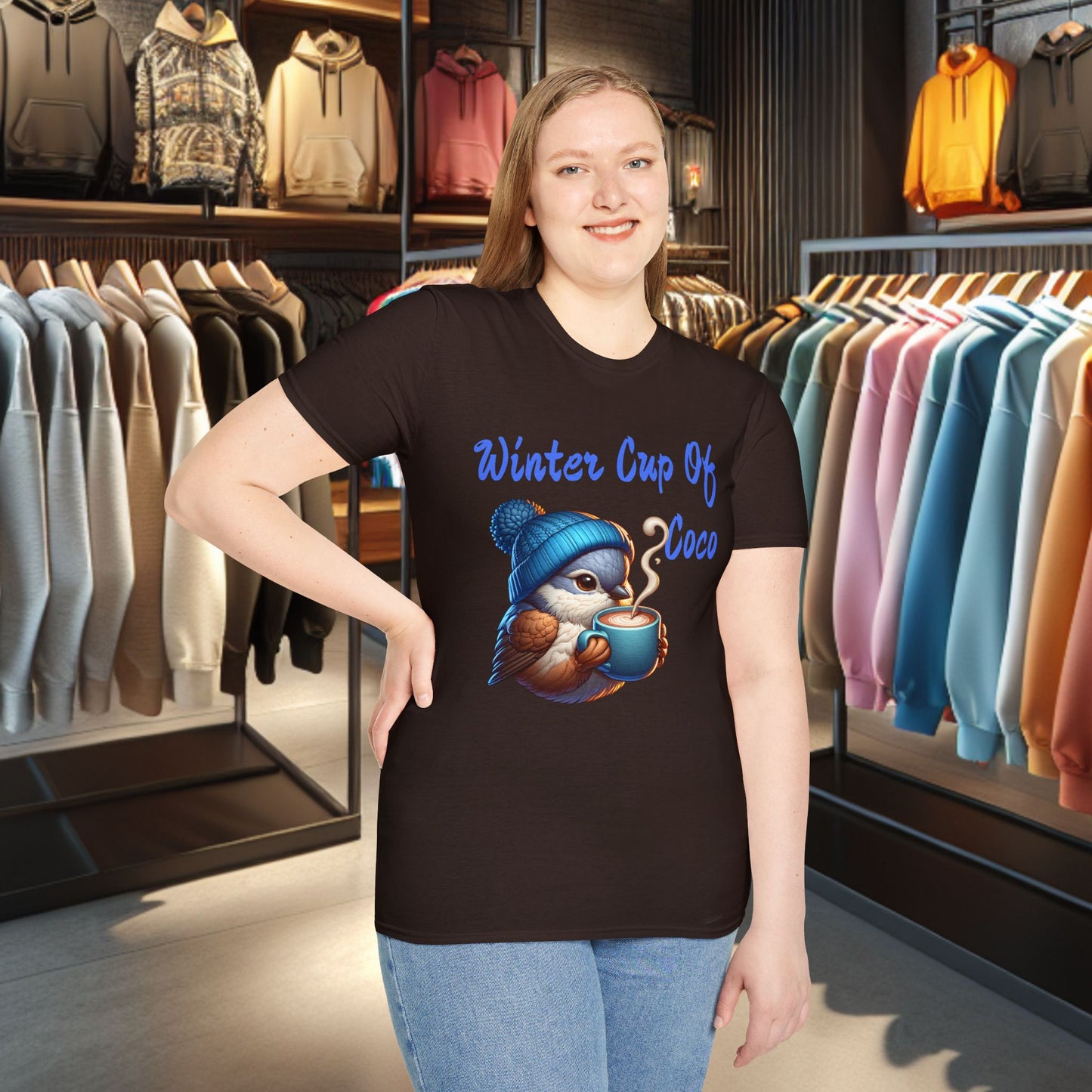 Blue Bird With a Cup Of Coco Unisex T-Shirt - Winter Coco