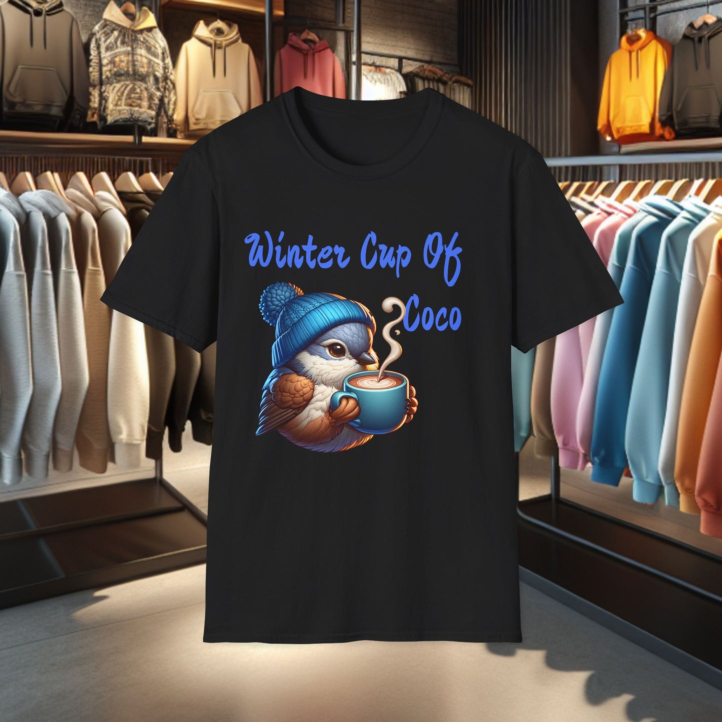 Blue Bird With a Cup Of Coco Unisex T-Shirt - Winter Coco