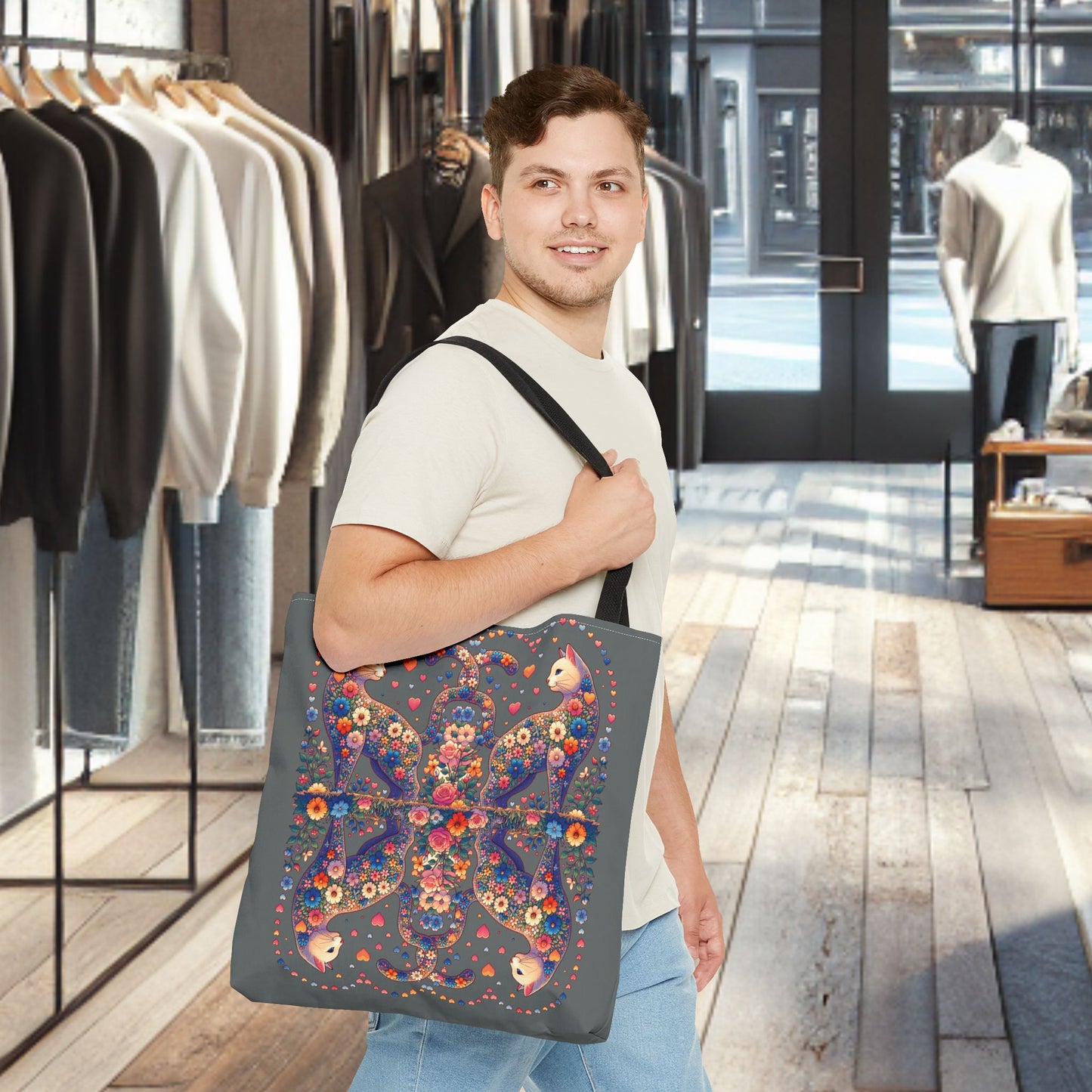 Mosaic Loving Cat Dark Gray Tote Bag (AOP)