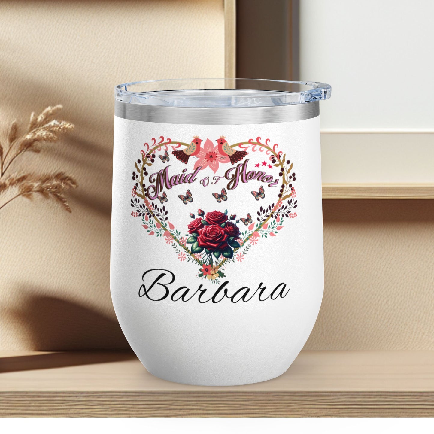 Personalized Maid of honor's Heart Floral Wine Tumbler