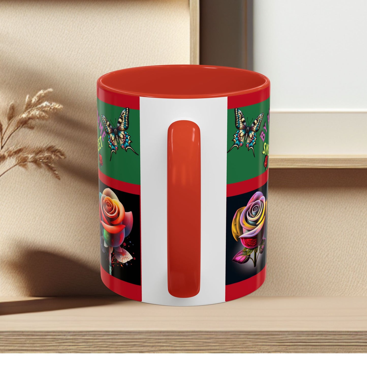 Red Mug - Floral Butterfly Accent Coffee Mug - 'By Any Other Name A Rose Smells So Sweet'