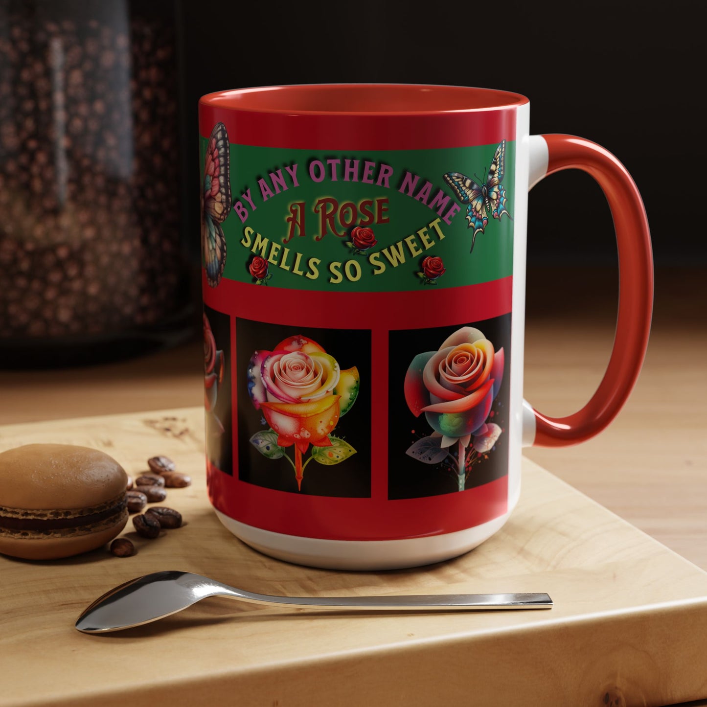 Red Mug - Floral Butterfly Accent Coffee Mug - 'By Any Other Name A Rose Smells So Sweet'
