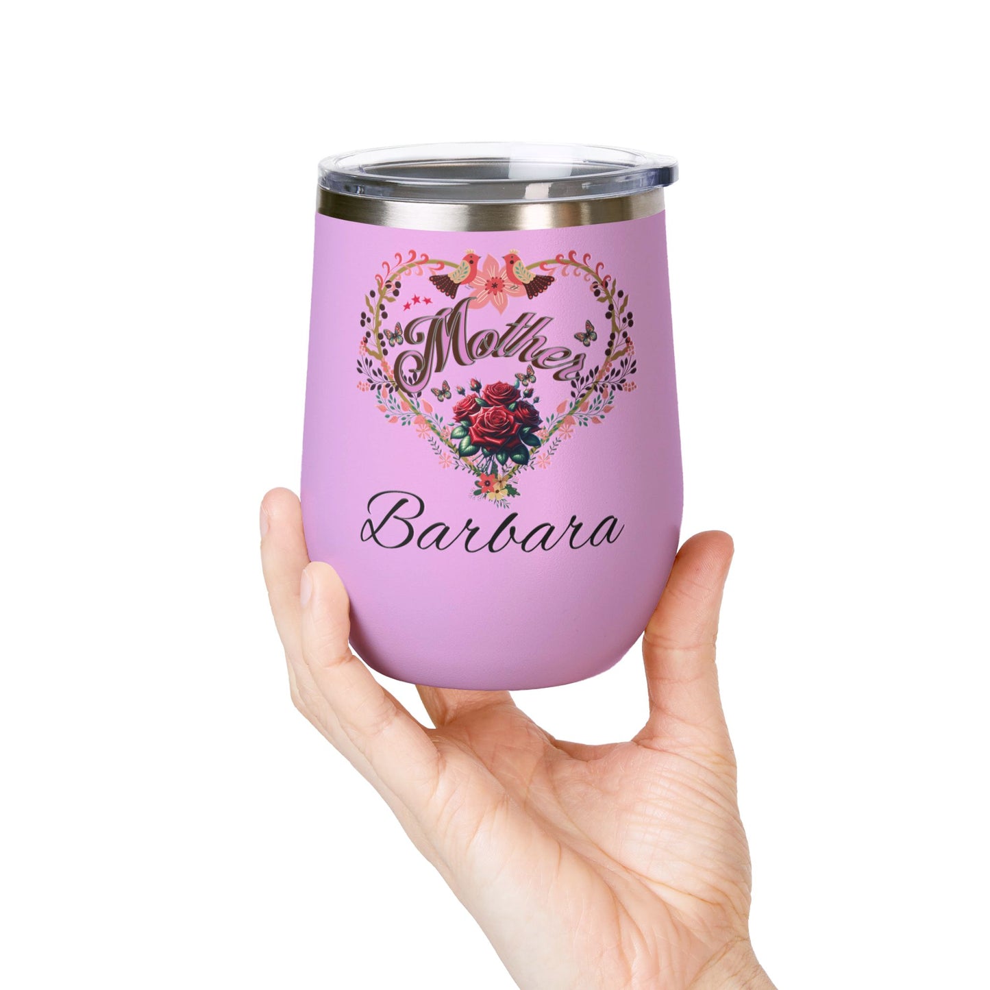 Personalized Mother’s Wine Tumbler - 12oz Floral Heart Design